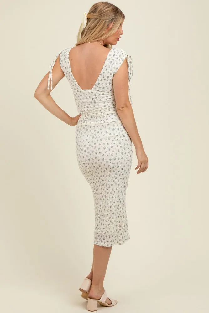 Cream Floral V-Neck Shoulder Tie Maternity Midi Dress sold by Pinkblush product image thumbnail 4