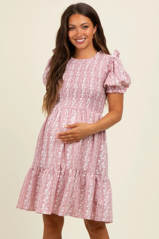 Pink Floral Smocked Ruffle Accent Maternity Dress sold by Pinkblush