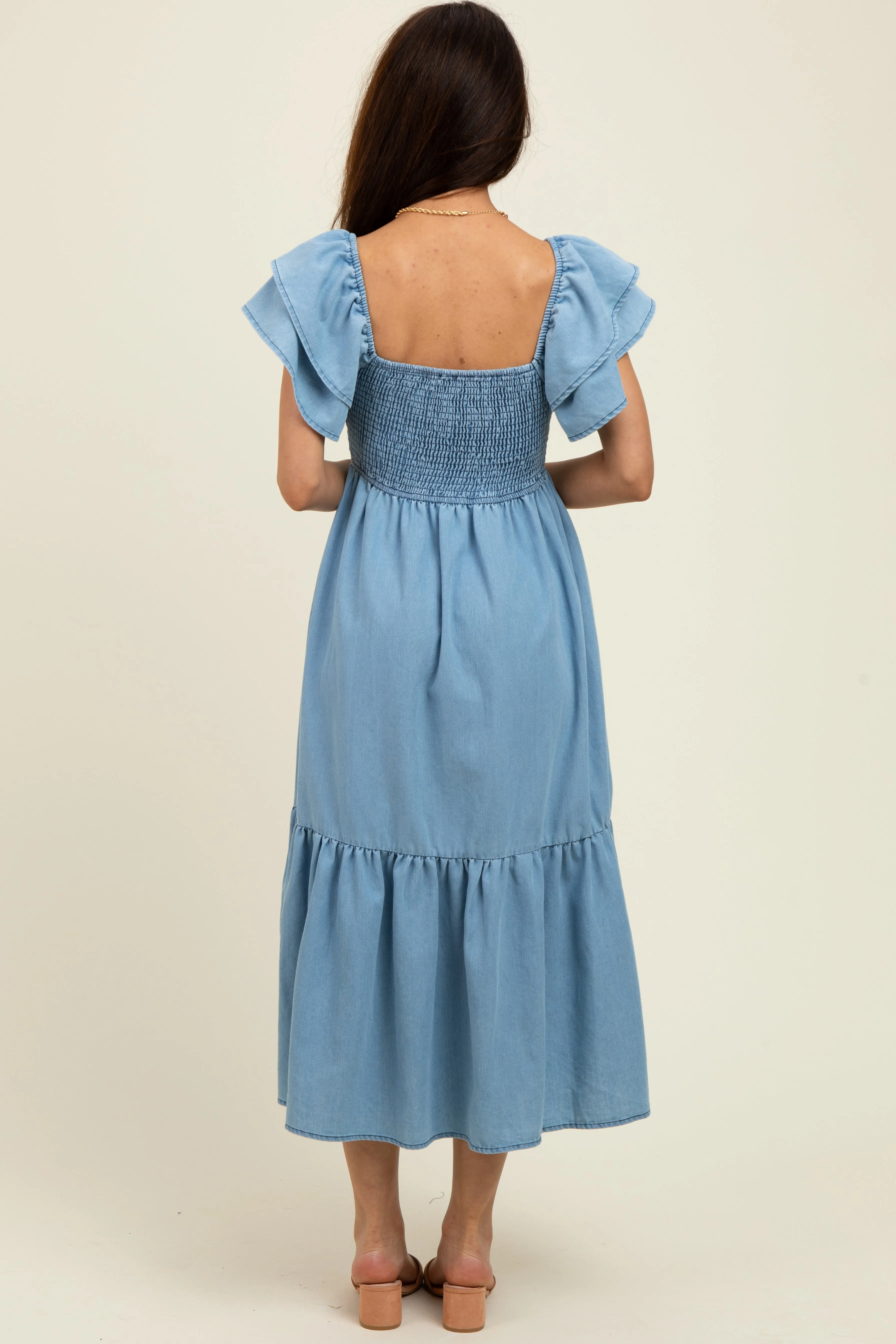 Light Blue Chambray Smocked Flutter Sleeve Dress sold by Pinkblush product image thumbnail 3