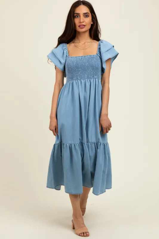 Light Blue Chambray Smocked Flutter Sleeve Dress sold by Pinkblush