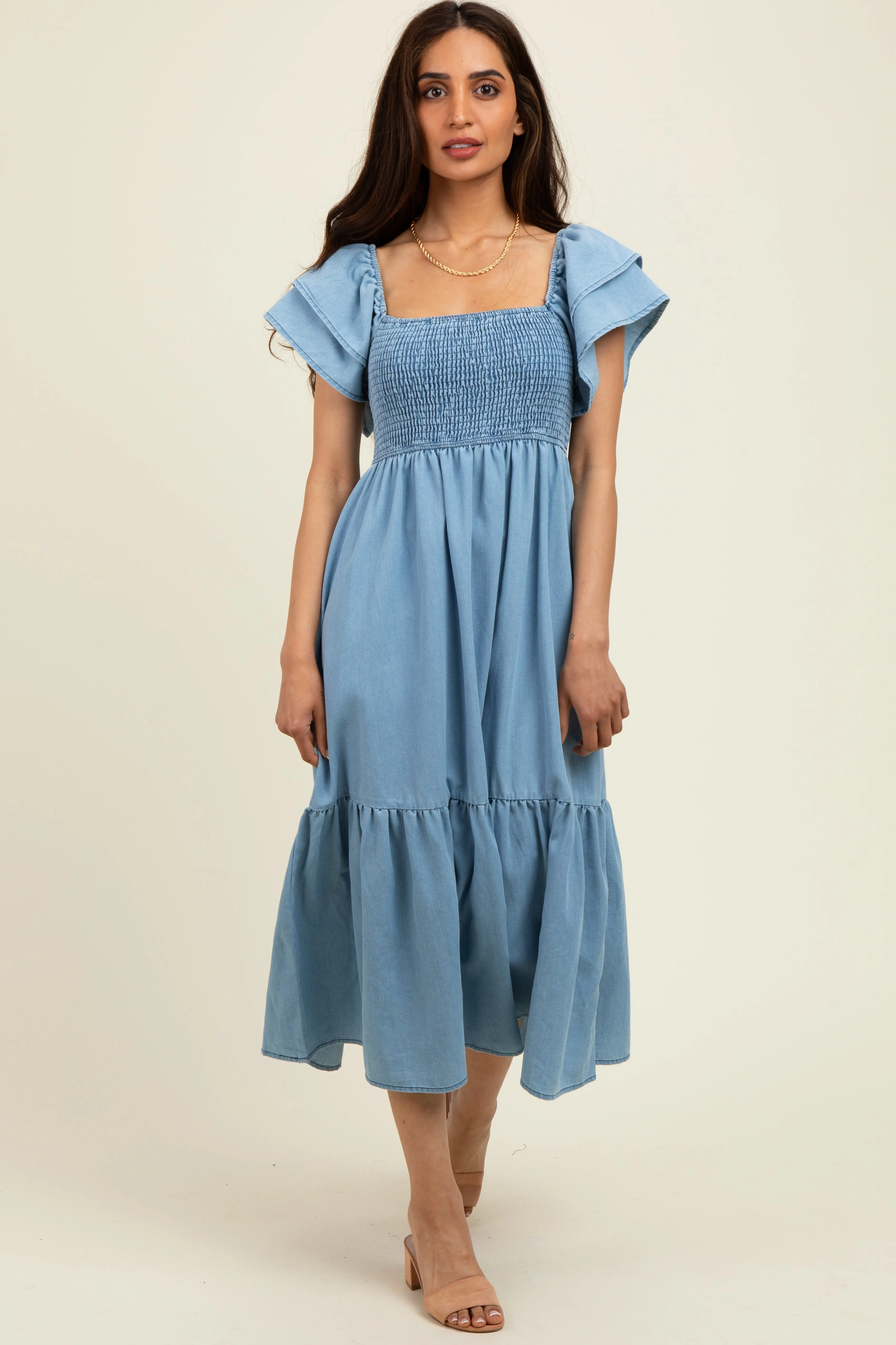 Light Blue Chambray Smocked Flutter Sleeve Dress sold by Pinkblush