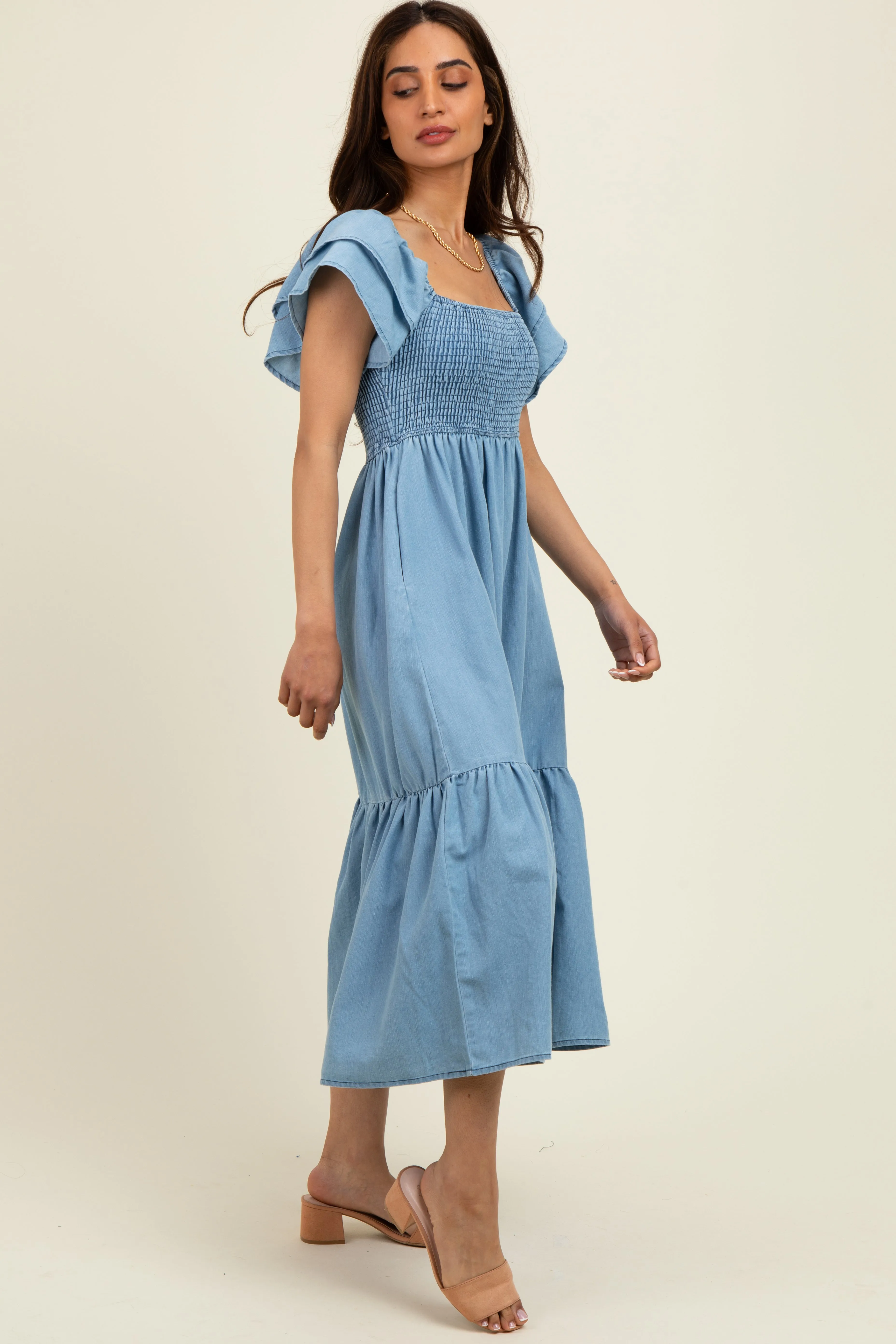 Light Blue Chambray Smocked Flutter Sleeve Dress sold by Pinkblush product image thumbnail 2