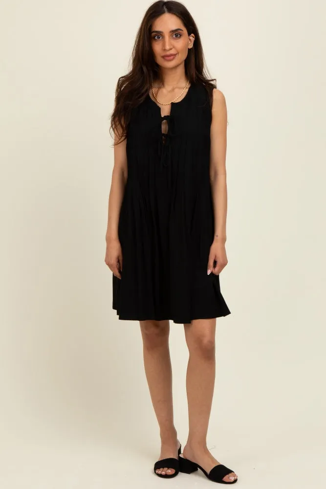 Black Pleated Front Tie Linen Blend Dress sold by Pinkblush