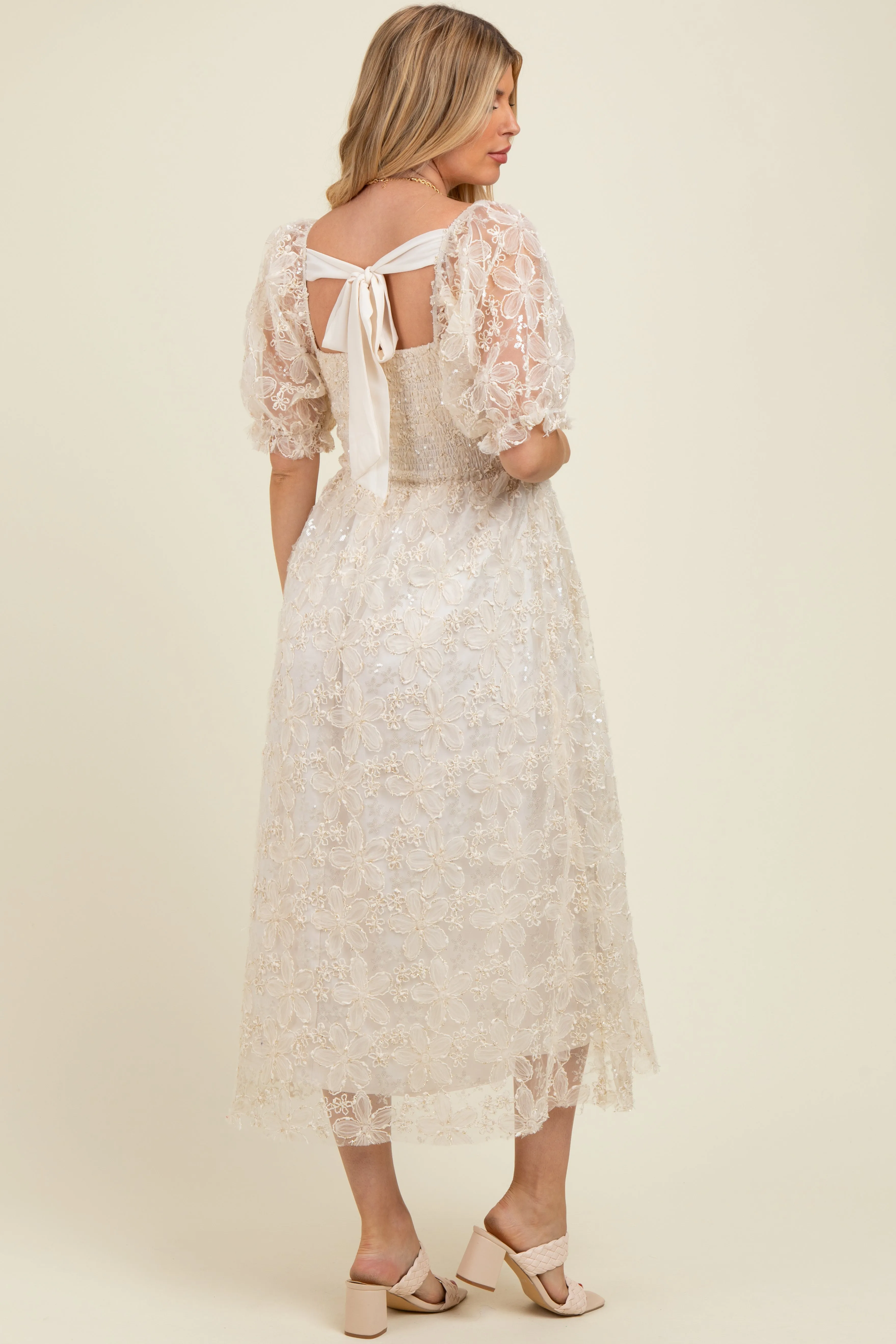 Cream Floral Mesh Overlay Tie Back Maternity Midi Dress sold by Pinkblush product image thumbnail 4