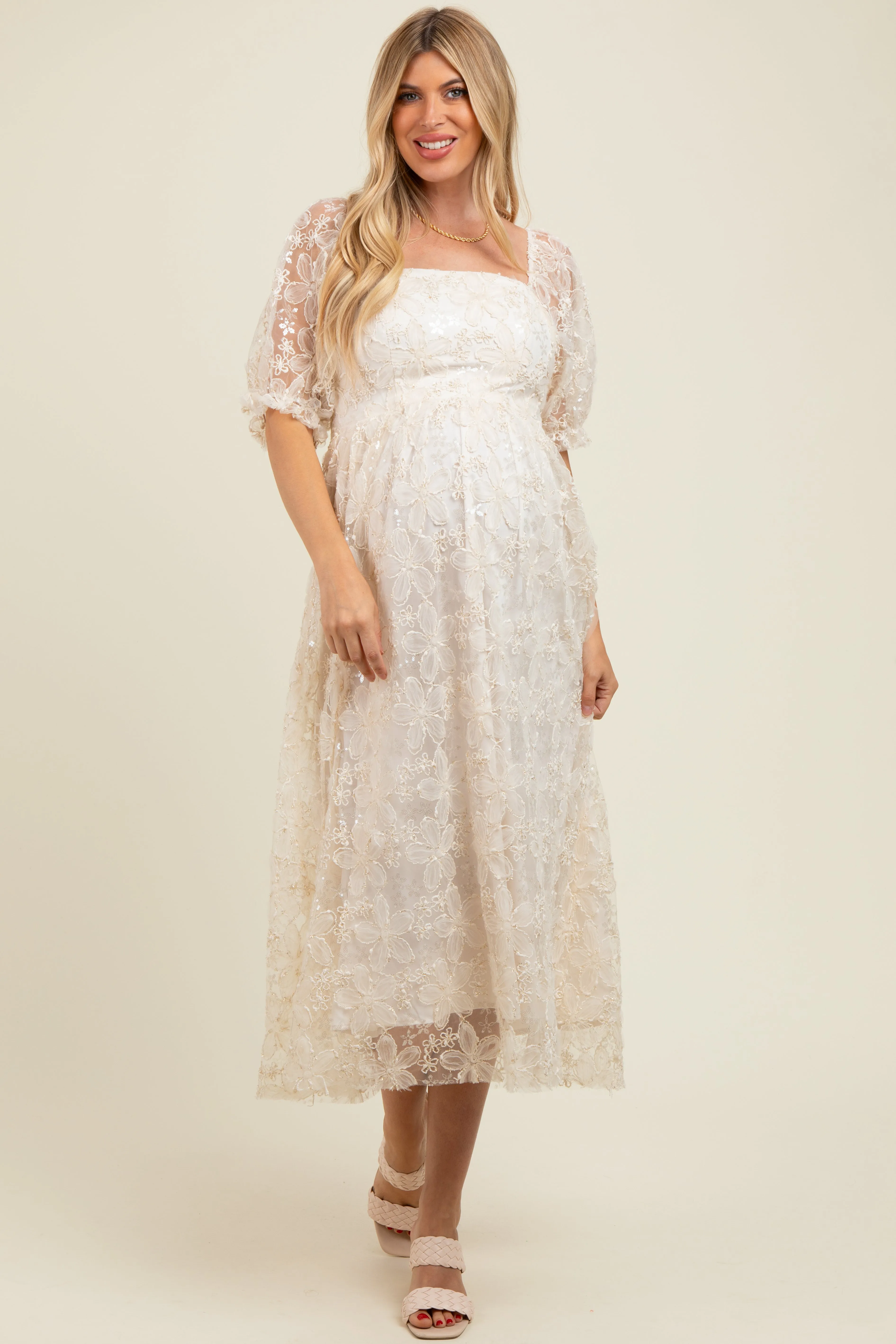 Cream Floral Mesh Overlay Tie Back Maternity Midi Dress sold by Pinkblush product image thumbnail 2