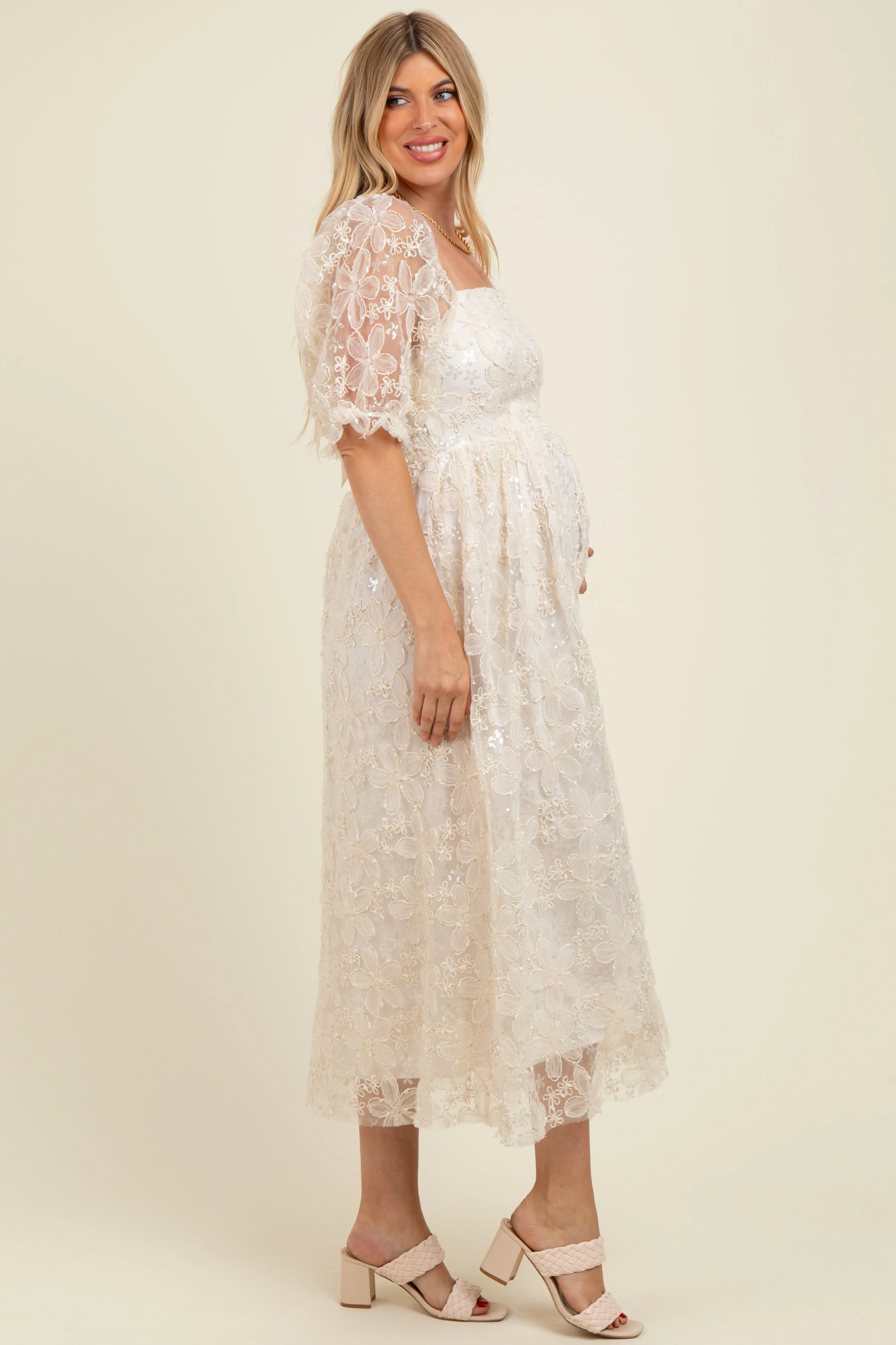 Cream Floral Mesh Overlay Tie Back Maternity Midi Dress sold by Pinkblush product image thumbnail 3
