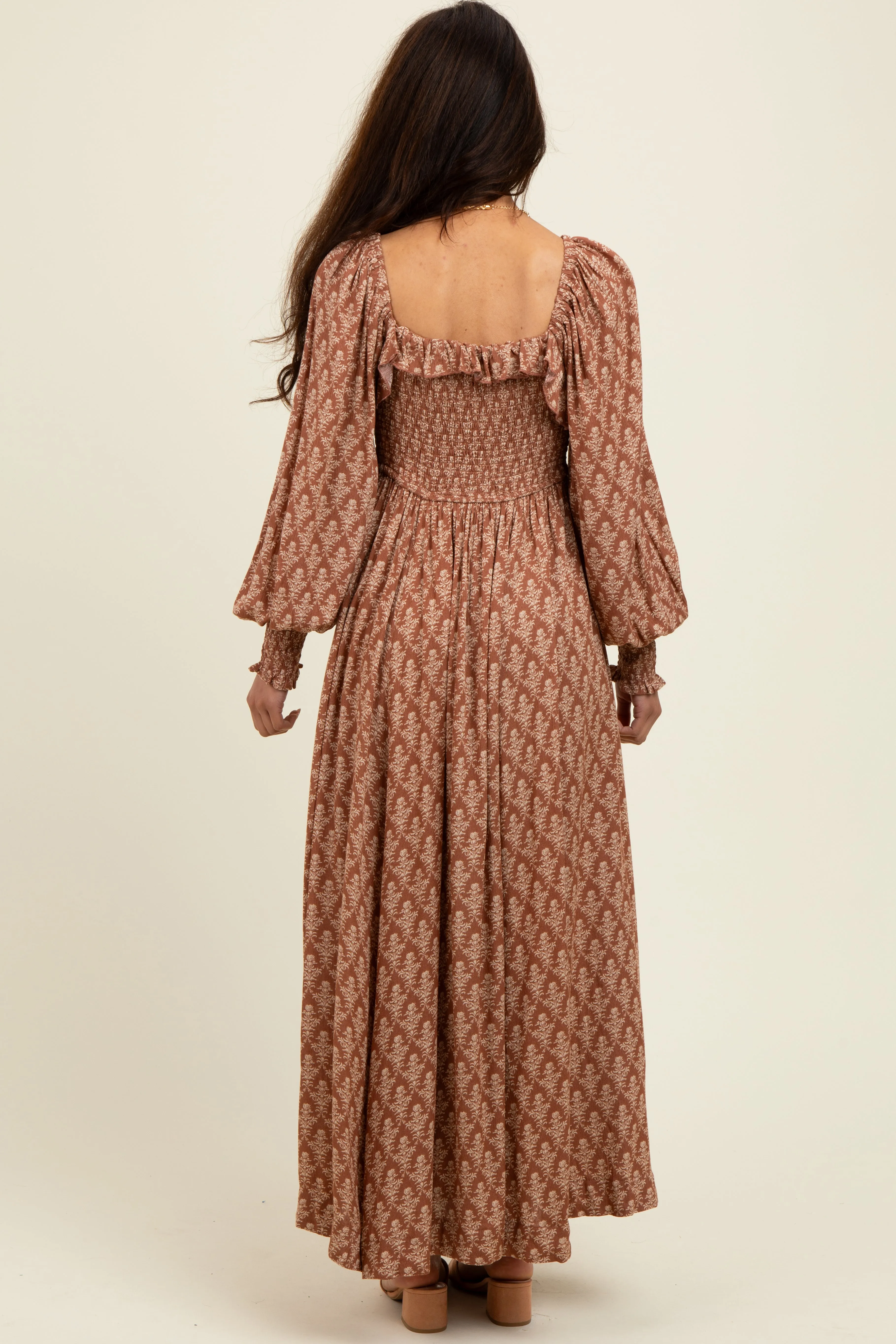 Mocha Damask Print Smocked Ruffle Accent Maxi Dress sold by Pinkblush product image thumbnail 3