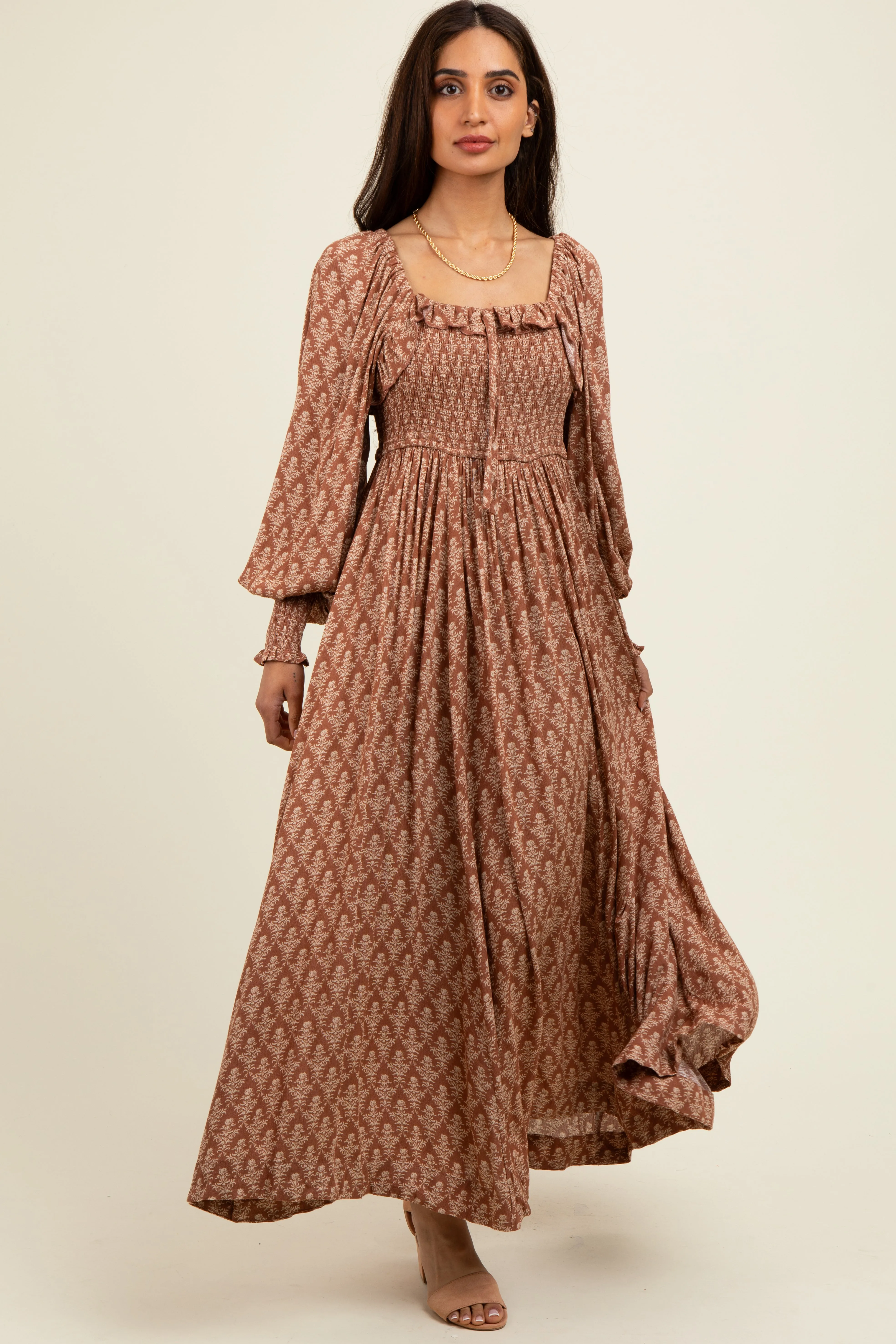Mocha Damask Print Smocked Ruffle Accent Maxi Dress sold by Pinkblush