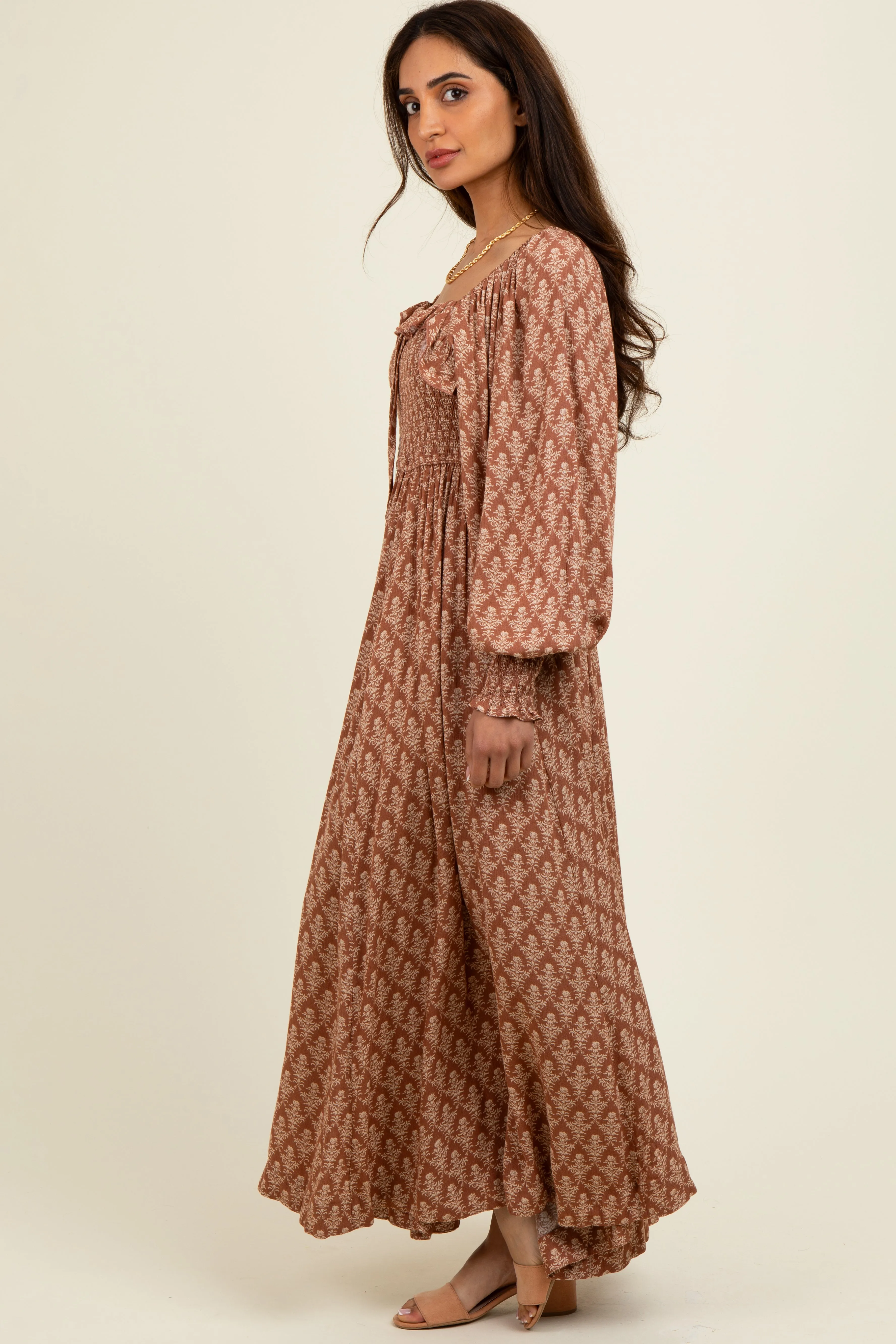 Mocha Damask Print Smocked Ruffle Accent Maxi Dress sold by Pinkblush product image thumbnail 2