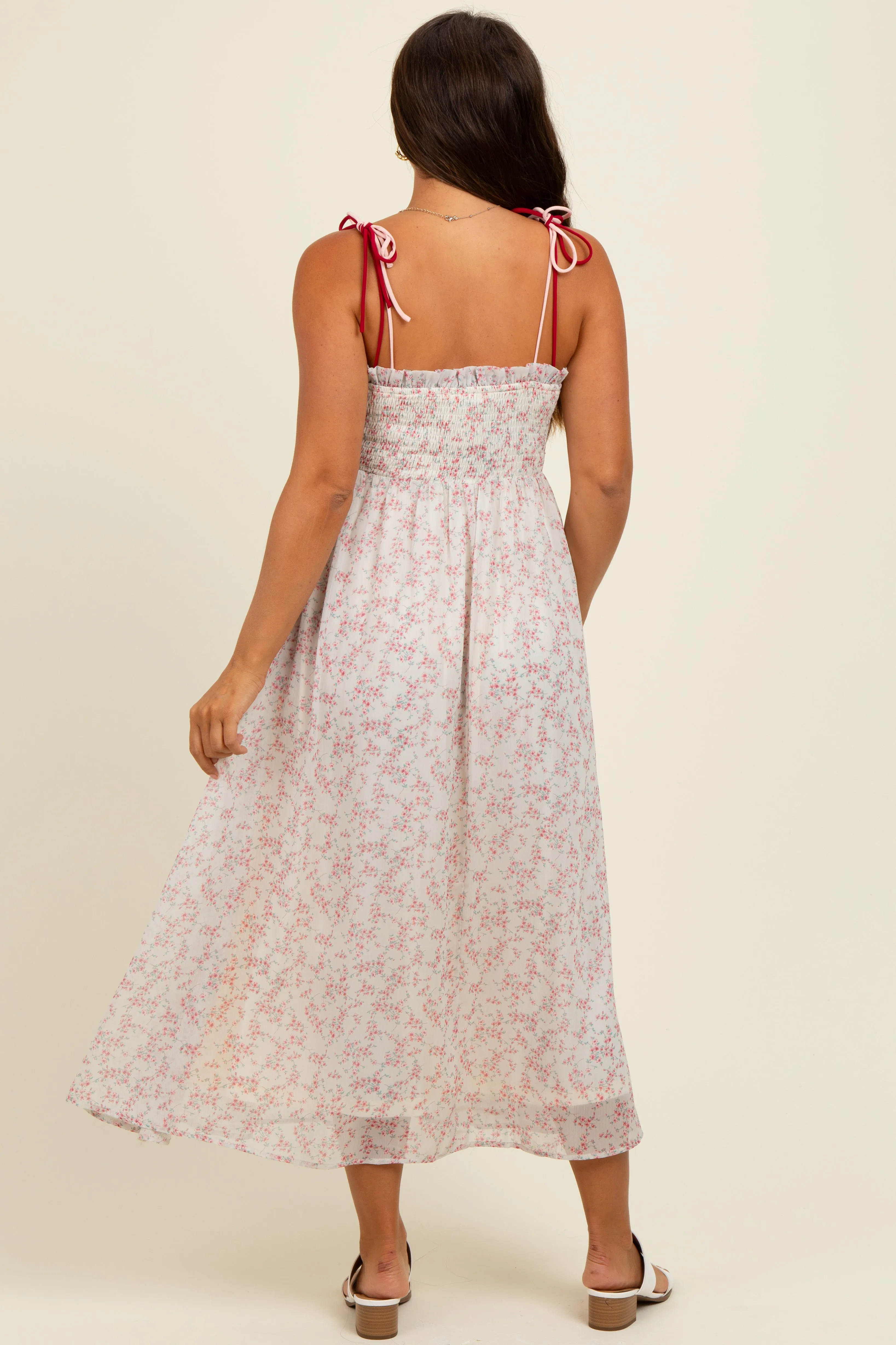 Pink Floral Ruffle Detail Shoulder Tie Maternity Midi Dress sold by Pinkblush product image thumbnail 3