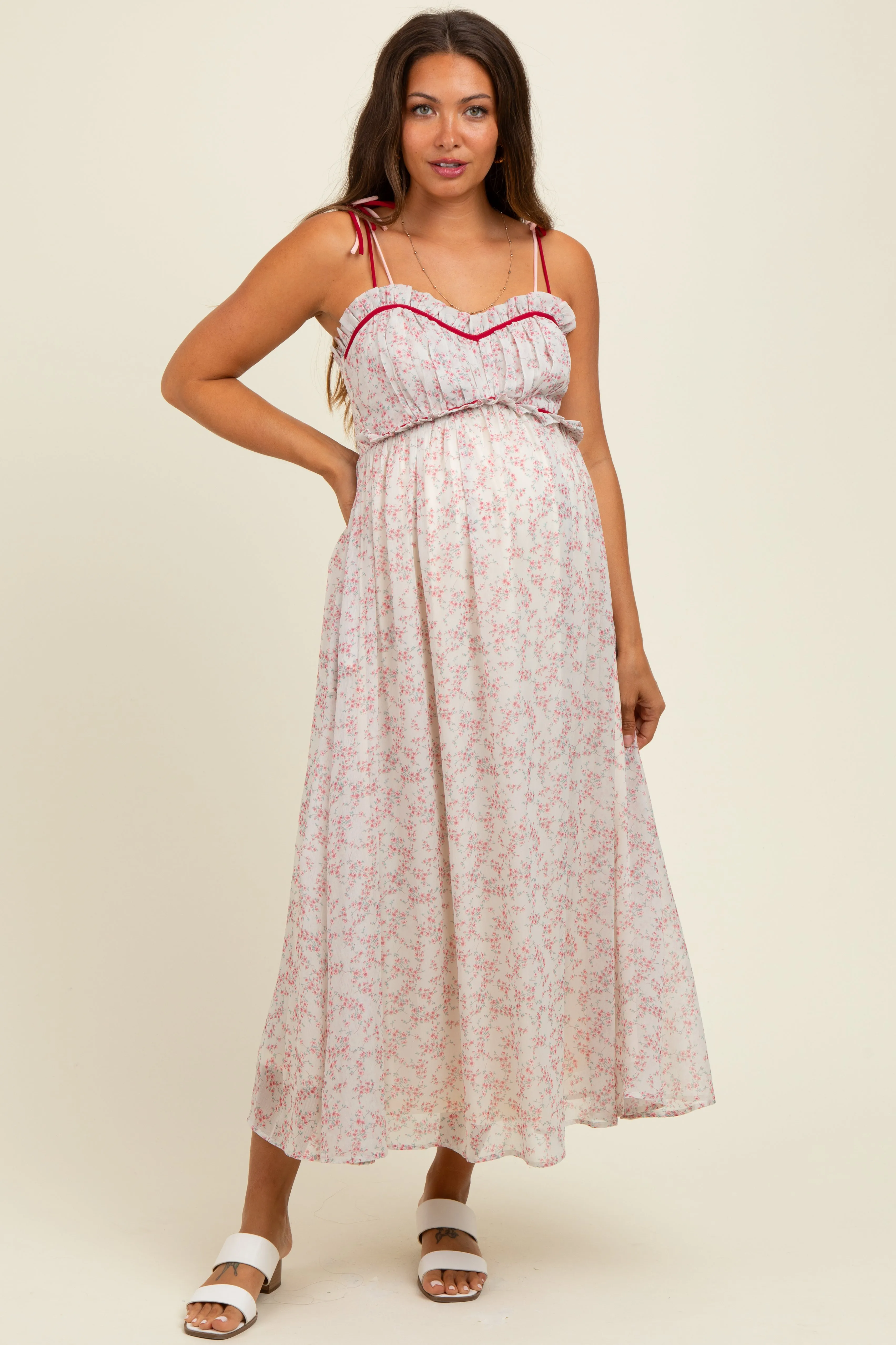Pink Floral Ruffle Detail Shoulder Tie Maternity Midi Dress sold by Pinkblush