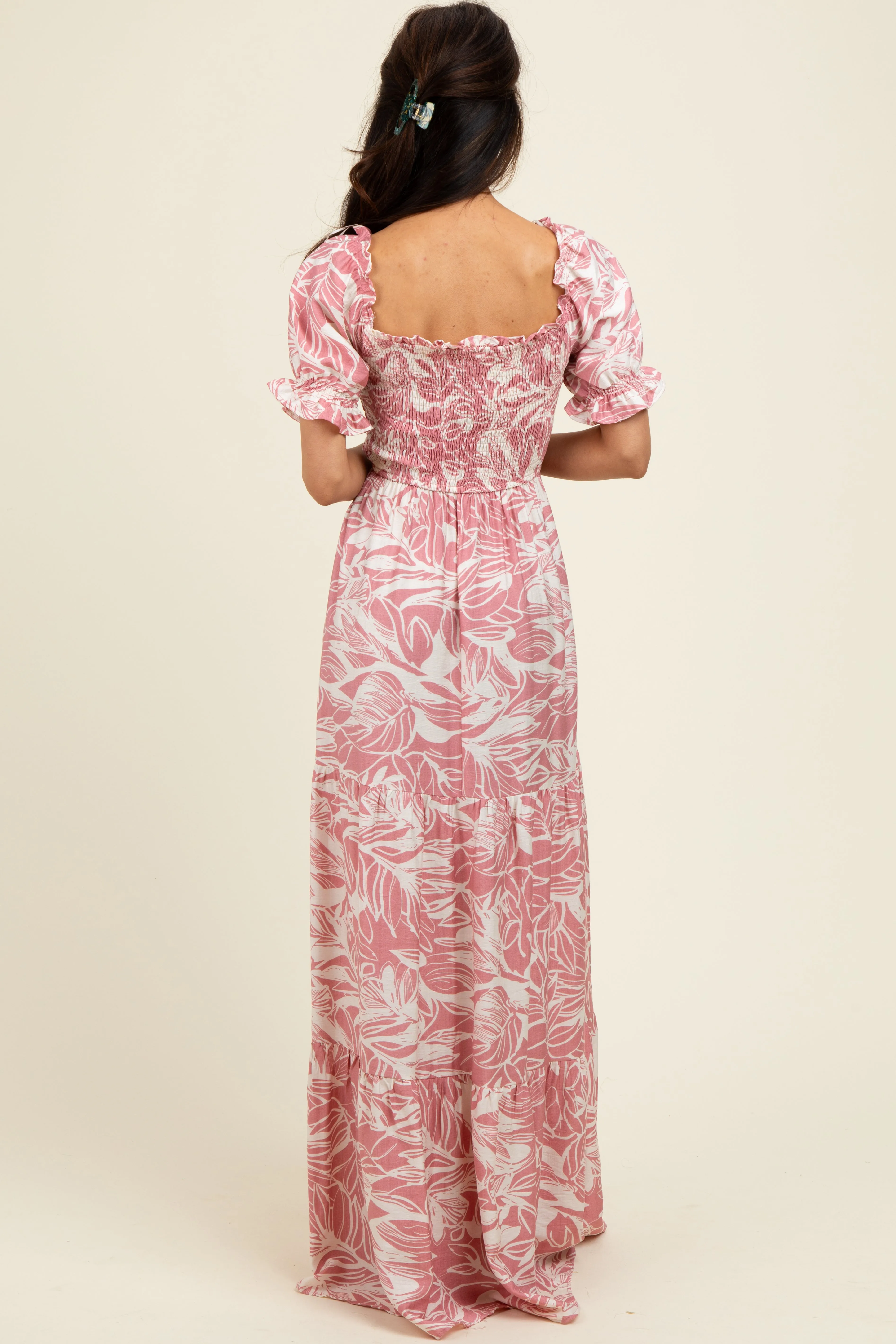 Pink Tropical Print Smocked Front Tie Maxi Dress sold by Pinkblush product image thumbnail 2