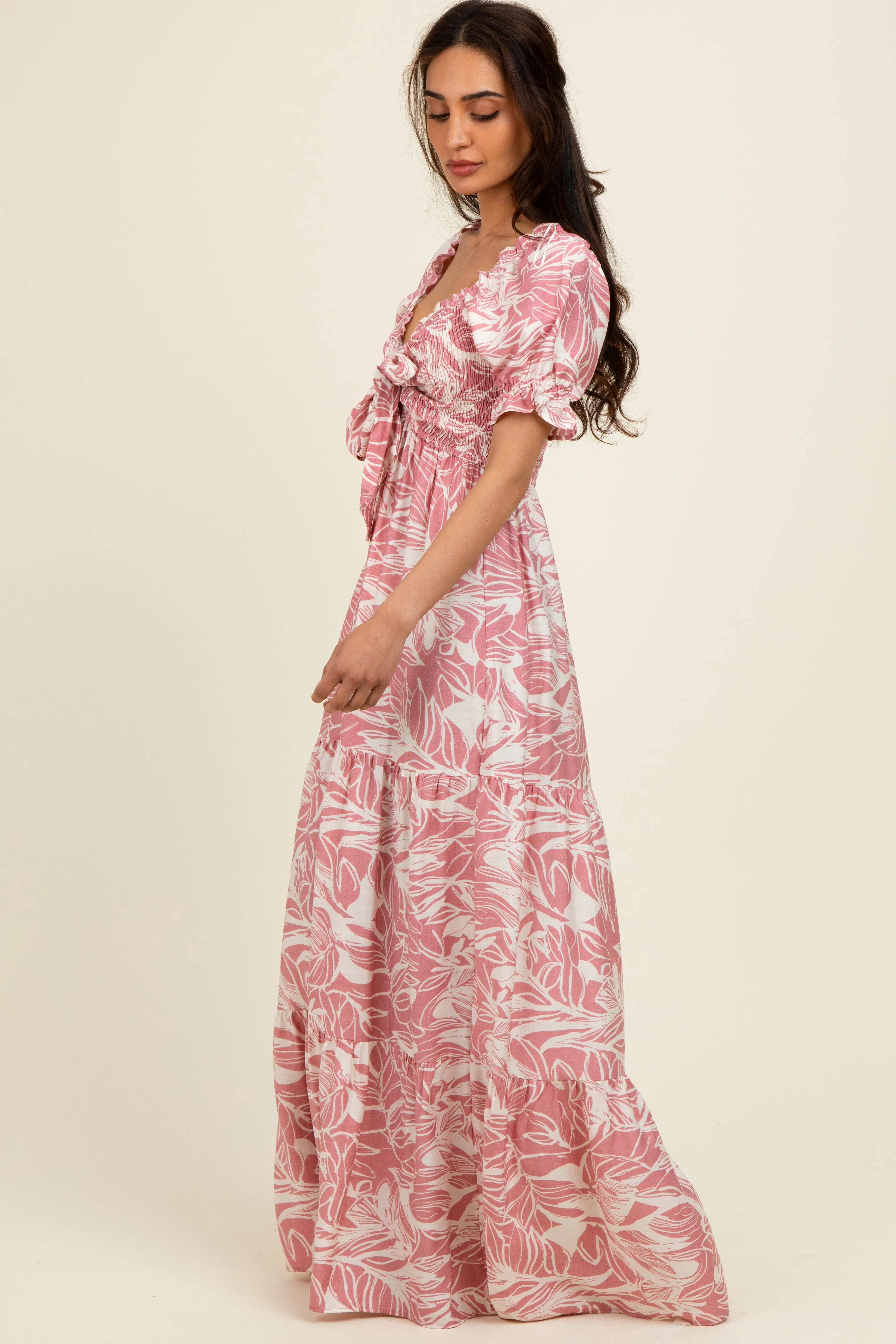 Pink Tropical Print Smocked Front Tie Maxi Dress sold by Pinkblush