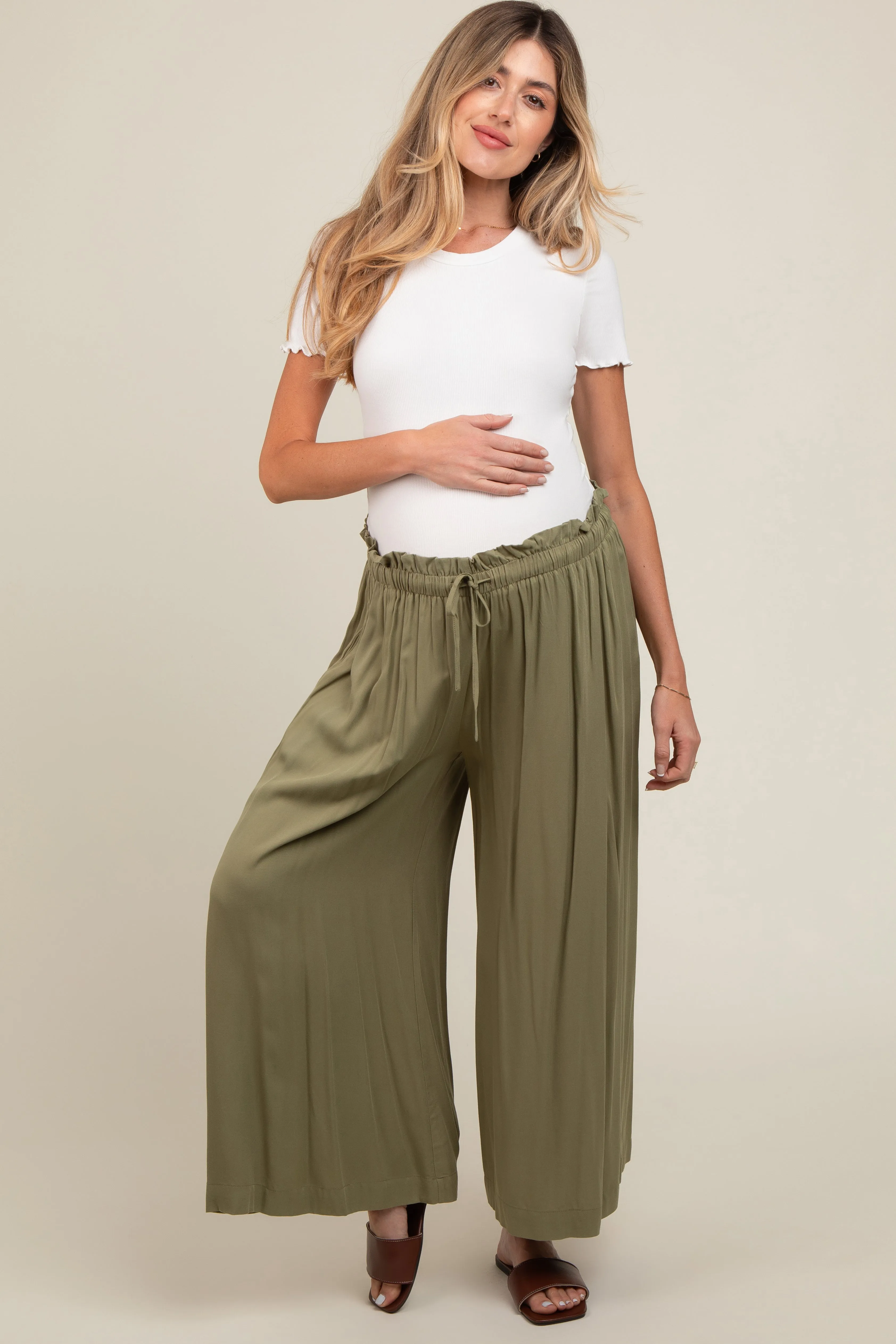 Olive Pleated Elastic Waist Wide Leg Crop Maternity Pants sold by Pinkblush product image thumbnail 2