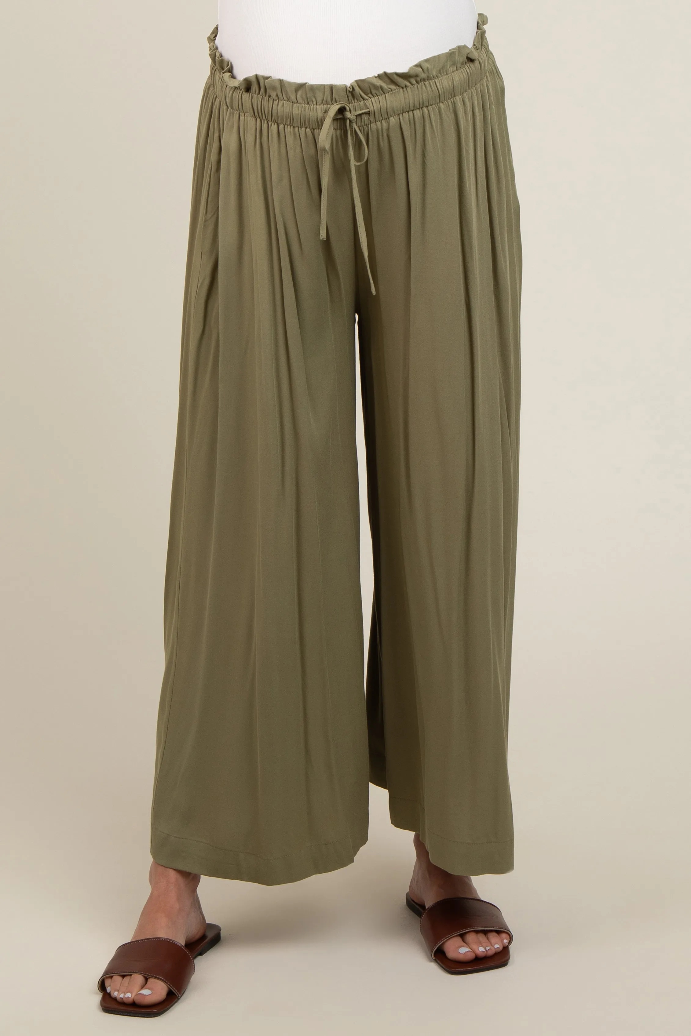 Olive Pleated Elastic Waist Wide Leg Crop Maternity Pants sold by Pinkblush product image thumbnail 3