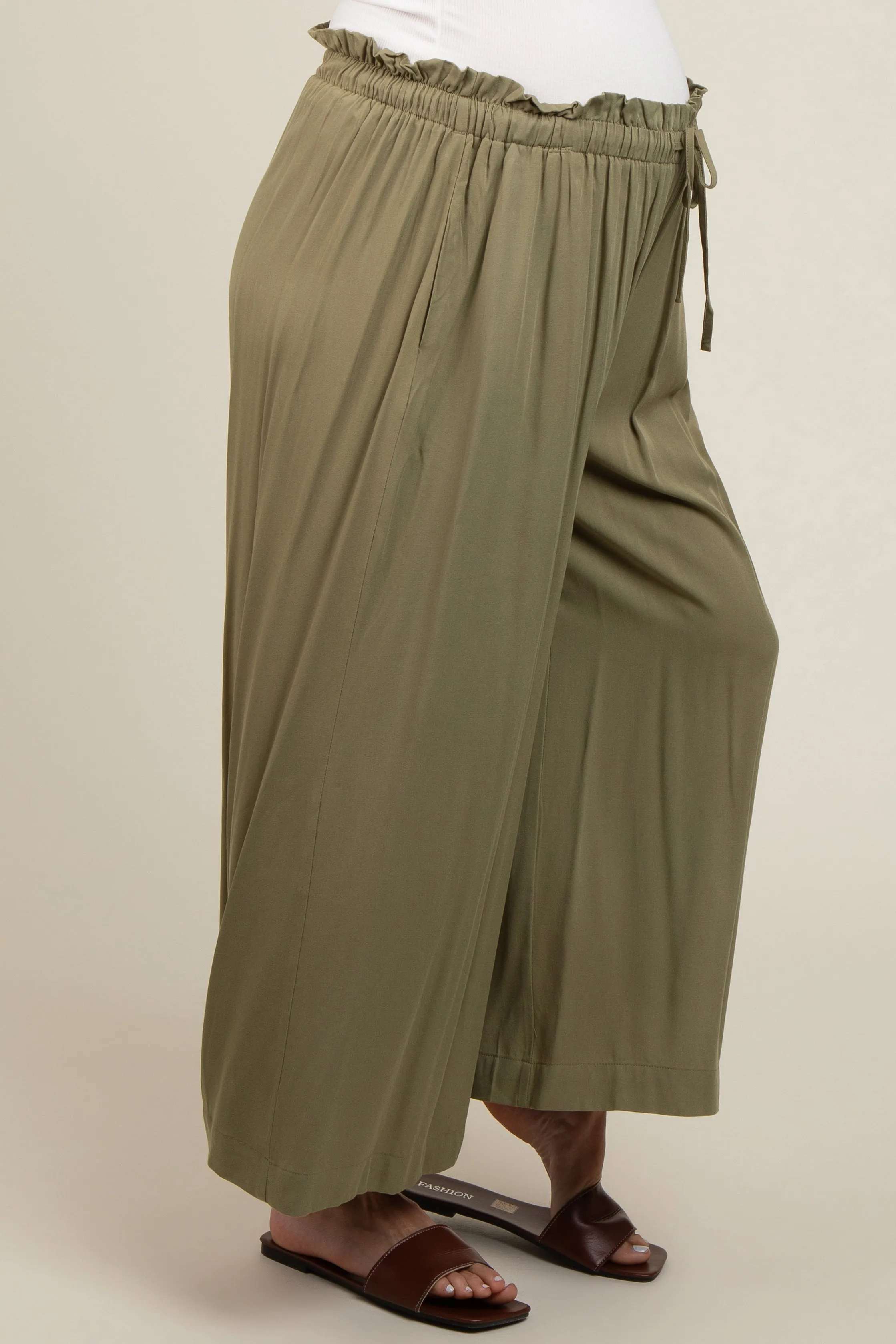 Olive Pleated Elastic Waist Wide Leg Crop Maternity Pants sold by Pinkblush product image thumbnail 4