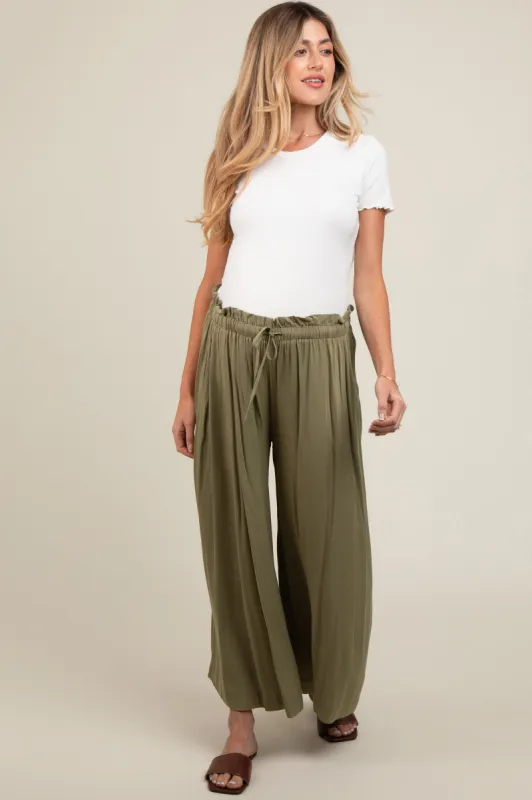 Olive Pleated Elastic Waist Wide Leg Crop Maternity Pants sold by Pinkblush