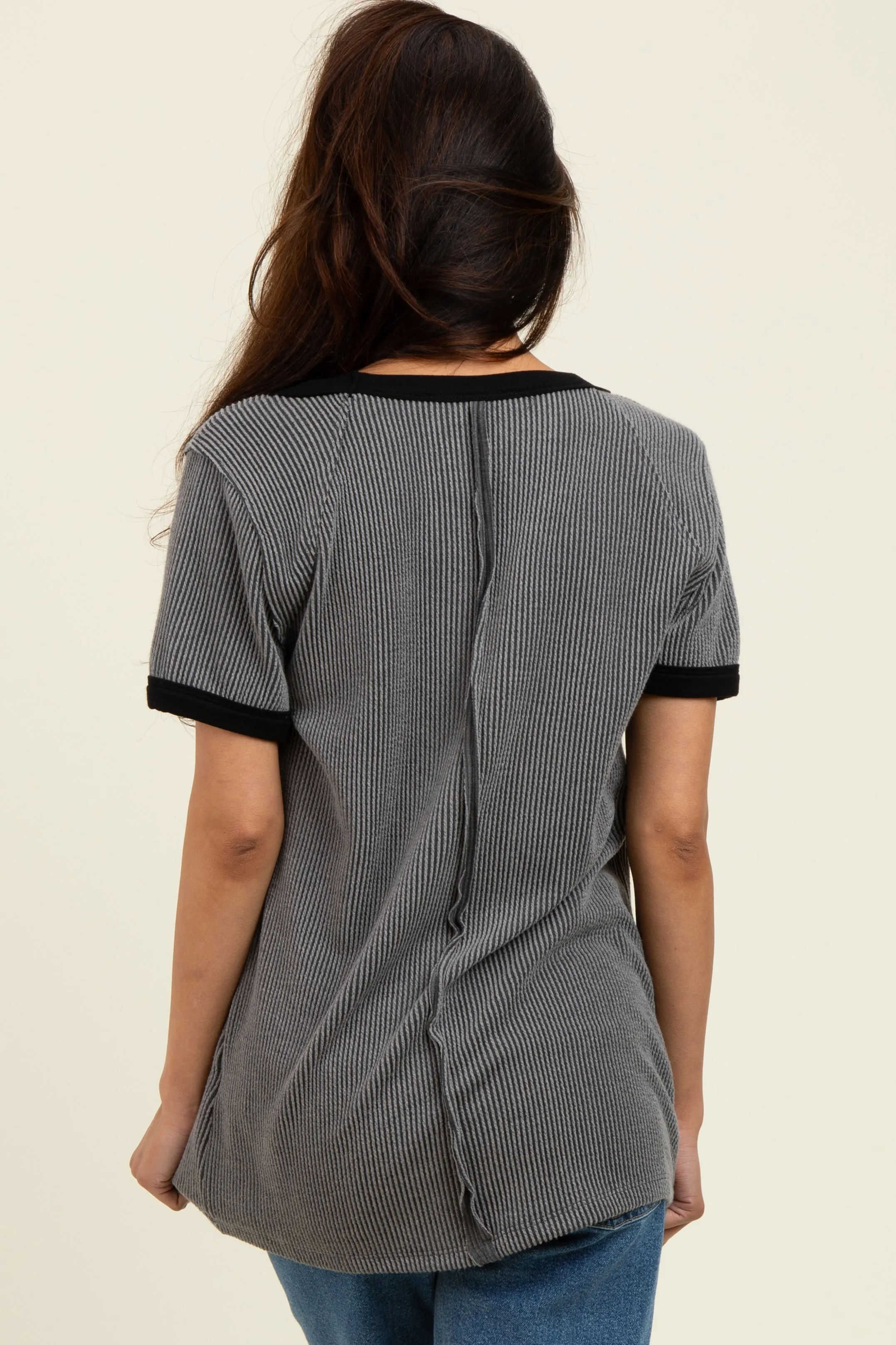 Charcoal/Black Ribbed Short Contrast Sleeve Top sold by Pinkblush product image thumbnail 3