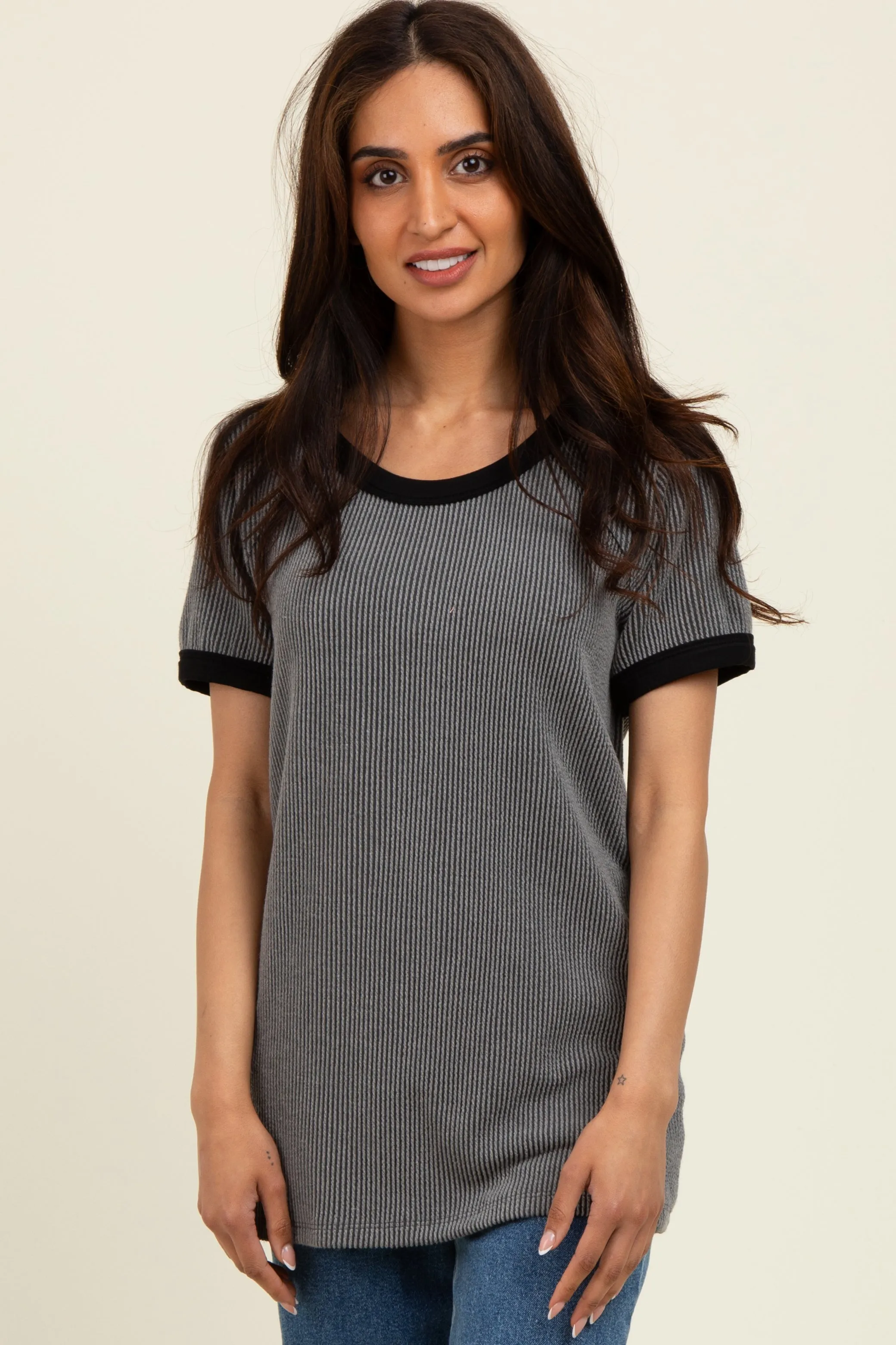 Charcoal/Black Ribbed Short Contrast Sleeve Top sold by Pinkblush