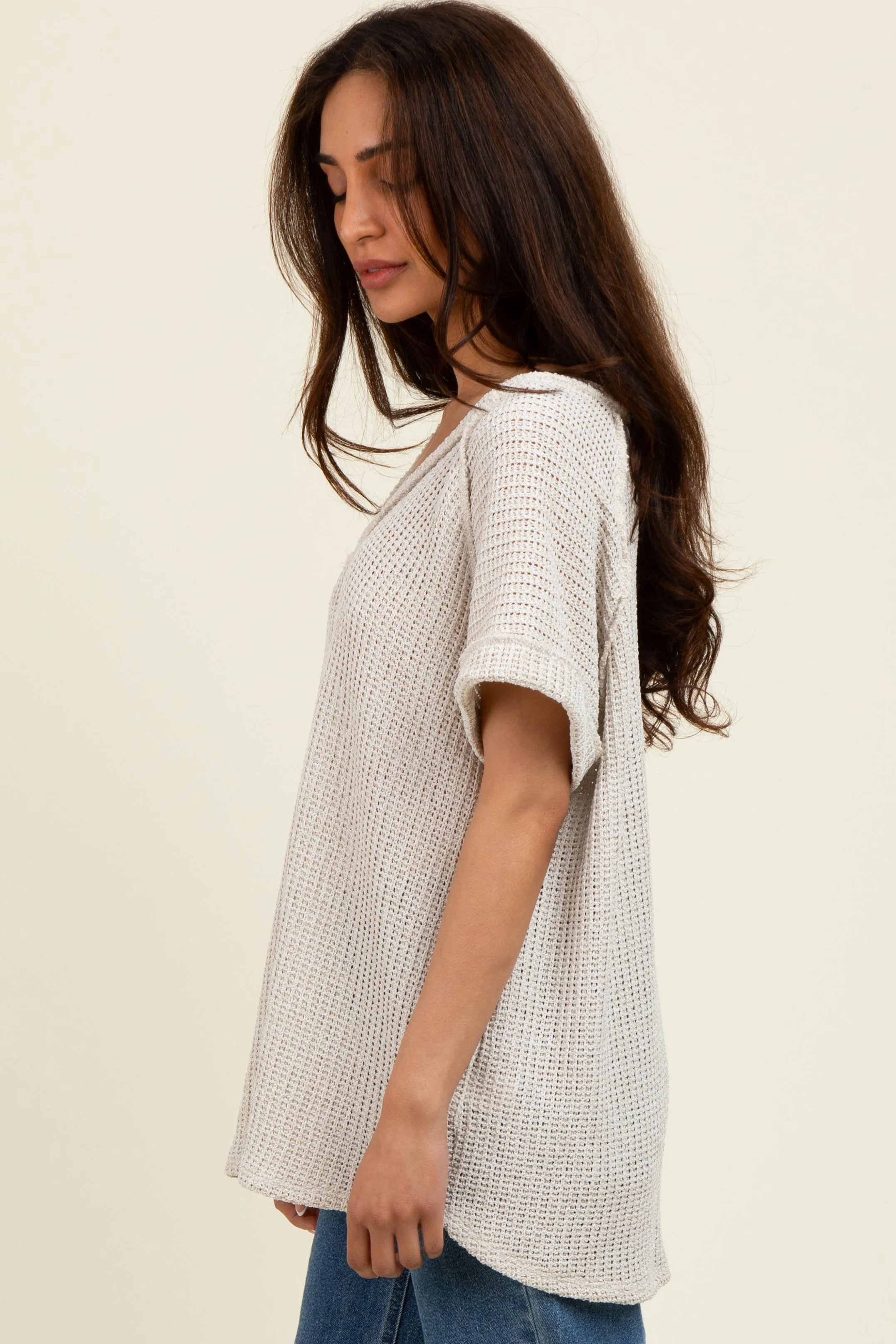Taupe Short Sleeve V-Neck Solid Waffle Knit Top sold by Pinkblush product image thumbnail 2