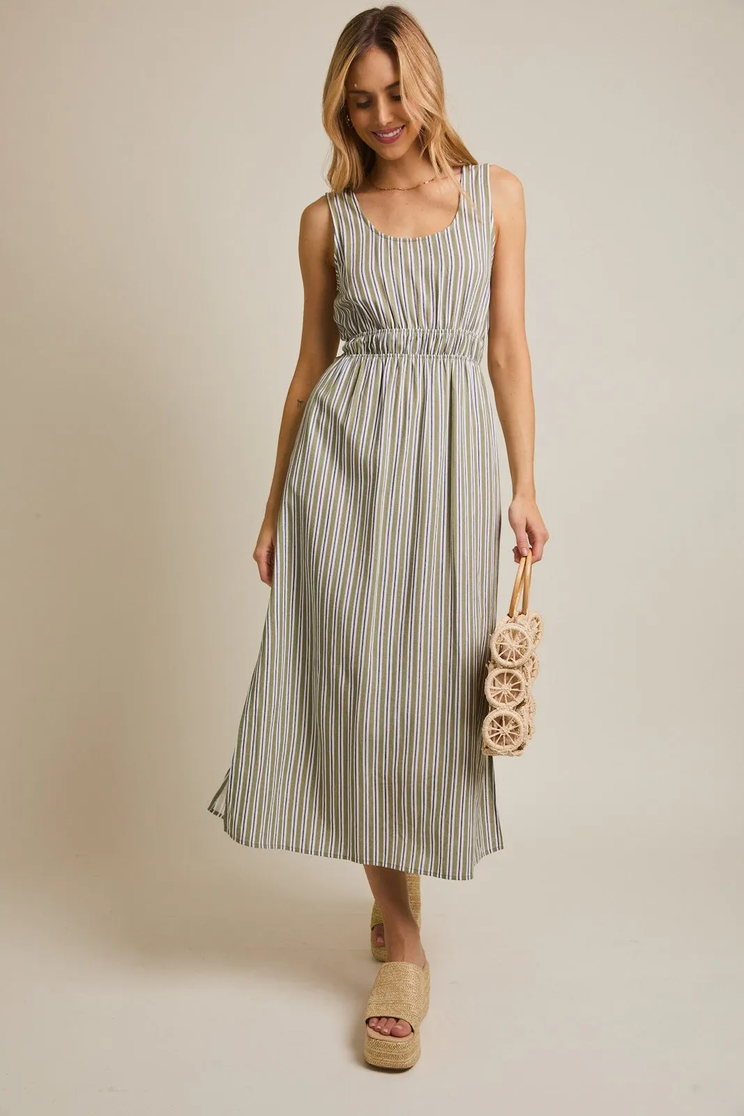 Olive-White Stripe Side Slit Maxi Dress sold by Pinkblush product image thumbnail 2