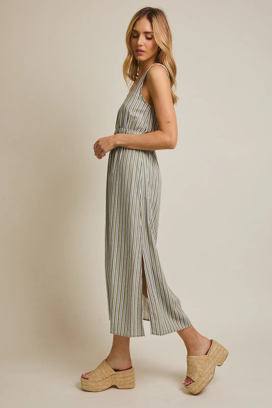 Olive-White Stripe Side Slit Maxi Dress sold by Pinkblush product image thumbnail 3