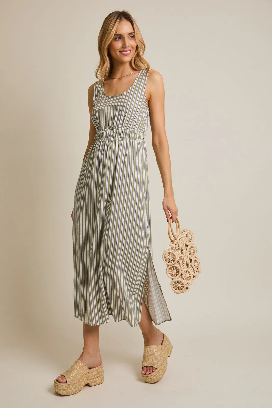 Olive-White Stripe Side Slit Maxi Dress sold by Pinkblush