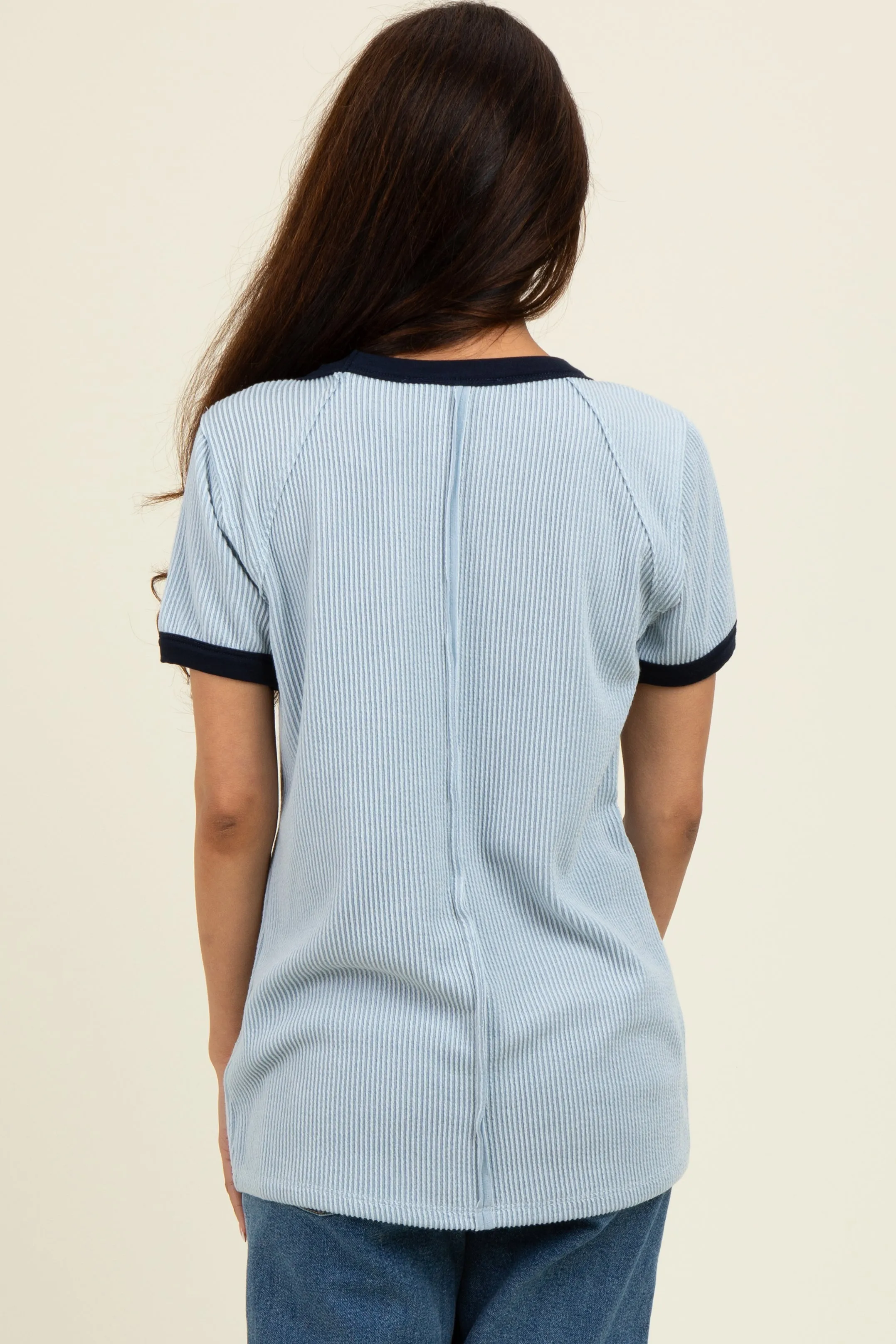 Light Blue/Navy Ribbed Short Contrast Sleeve Top sold by Pinkblush product image thumbnail 3
