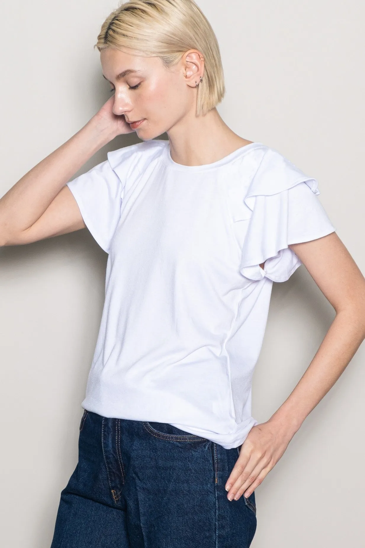 White Double Ruffle Sleeve T-Shirt sold by Pinkblush product image thumbnail 2