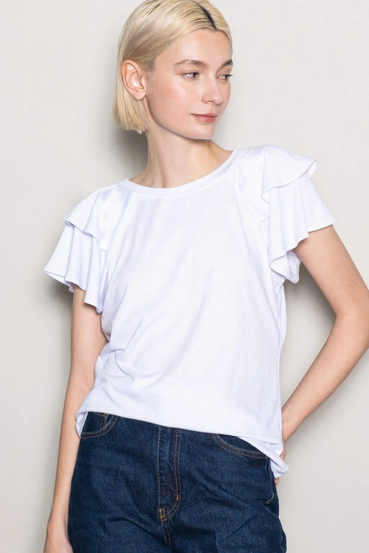White Double Ruffle Sleeve T-Shirt sold by Pinkblush