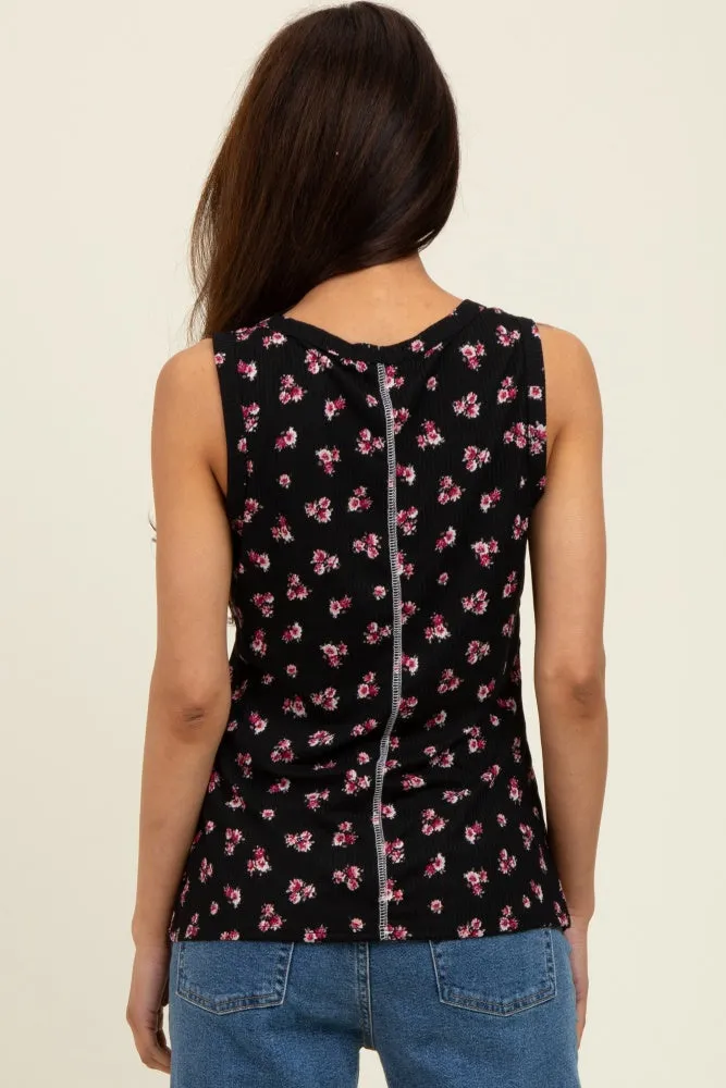 Black Floral Ribbed Tank Top sold by Pinkblush product image thumbnail 3