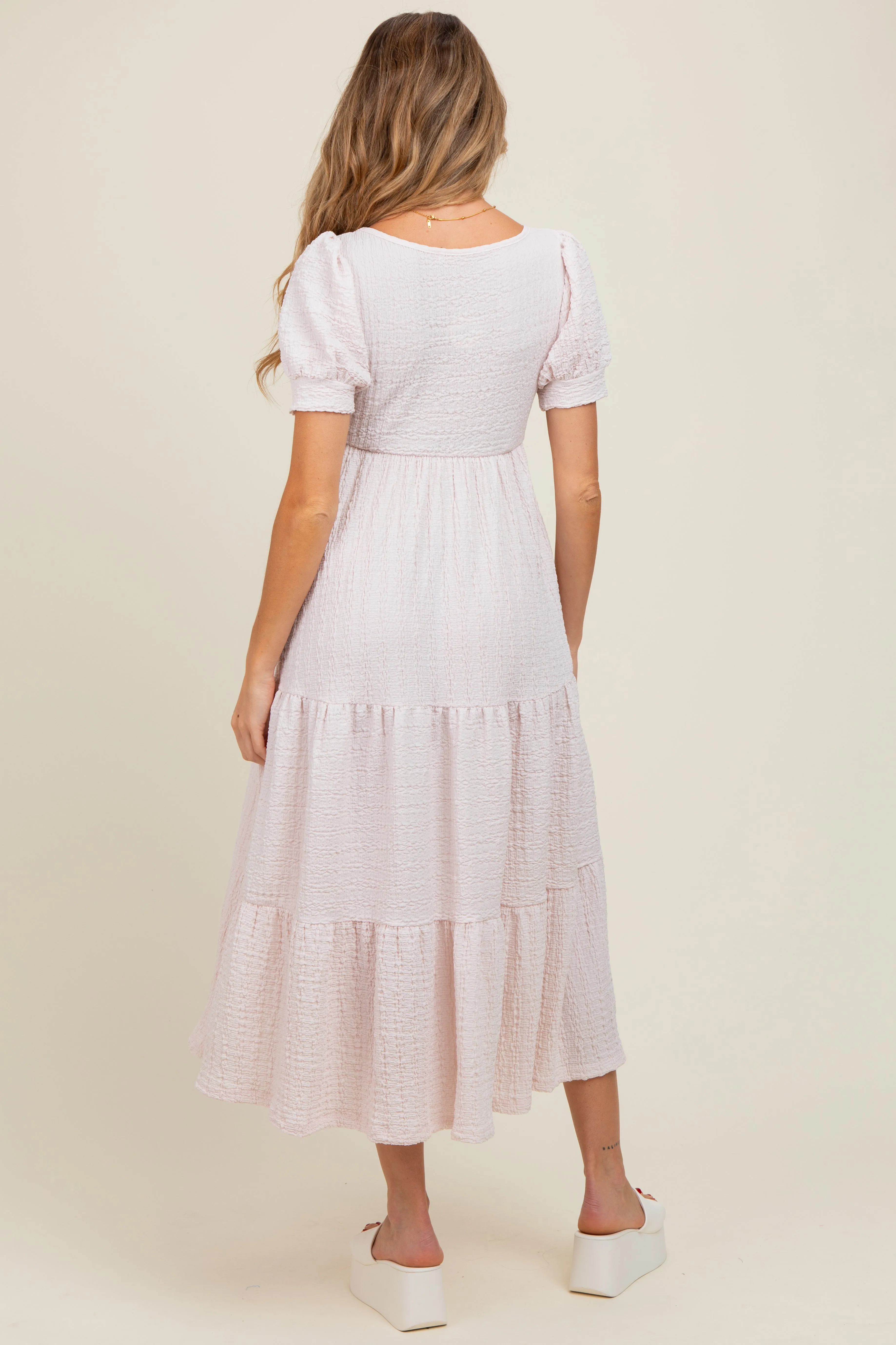 Light Pink Solid Textured Tiered Shirt Sleeve Maternity Maxi Dress sold by Pinkblush product image thumbnail 3