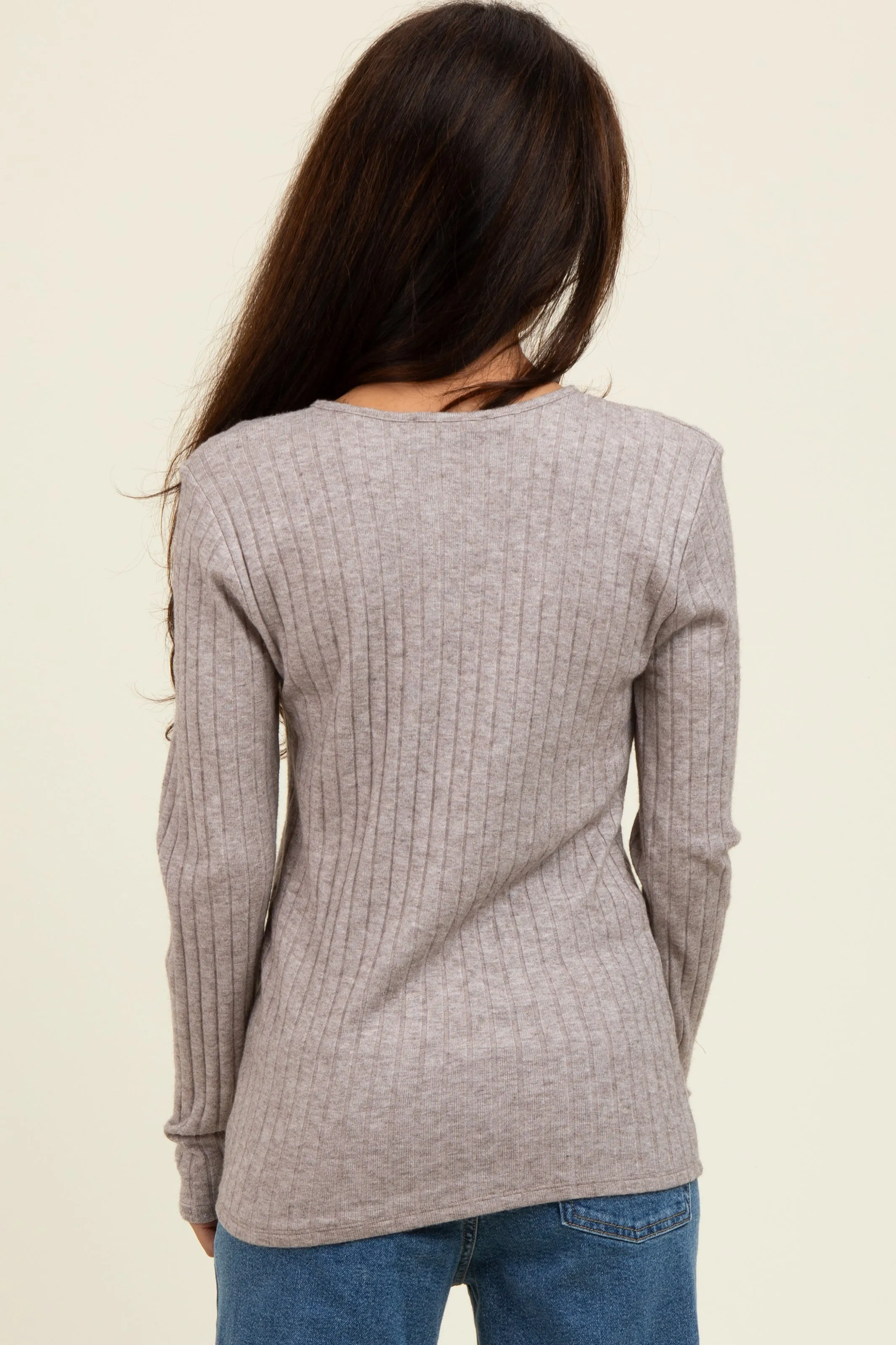 Light Brown Ribbed Knit Button Long Sleeve Top sold by Pinkblush product image thumbnail 3