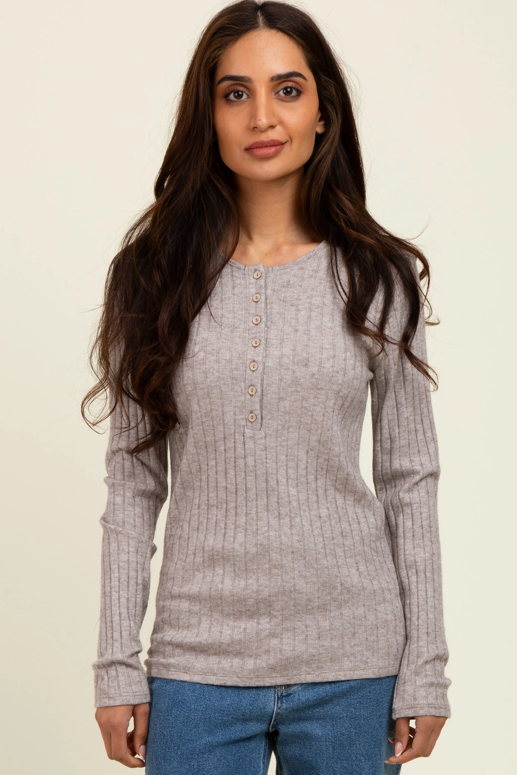Light Brown Ribbed Knit Button Long Sleeve Top sold by Pinkblush