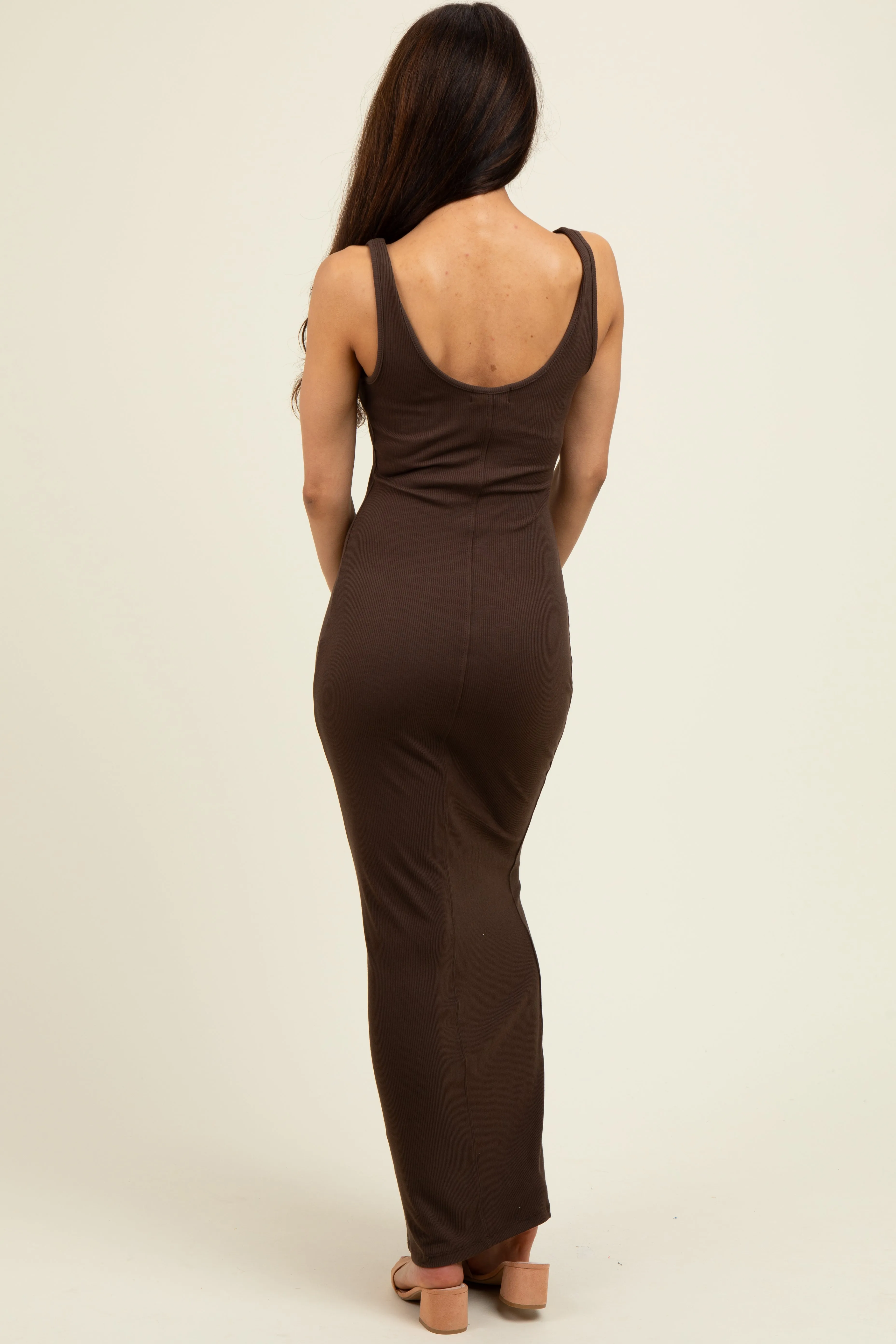 Brown Scoop Neck Sleeveless Rayon Rib Maxi Knit Dress sold by Pinkblush product image thumbnail 3