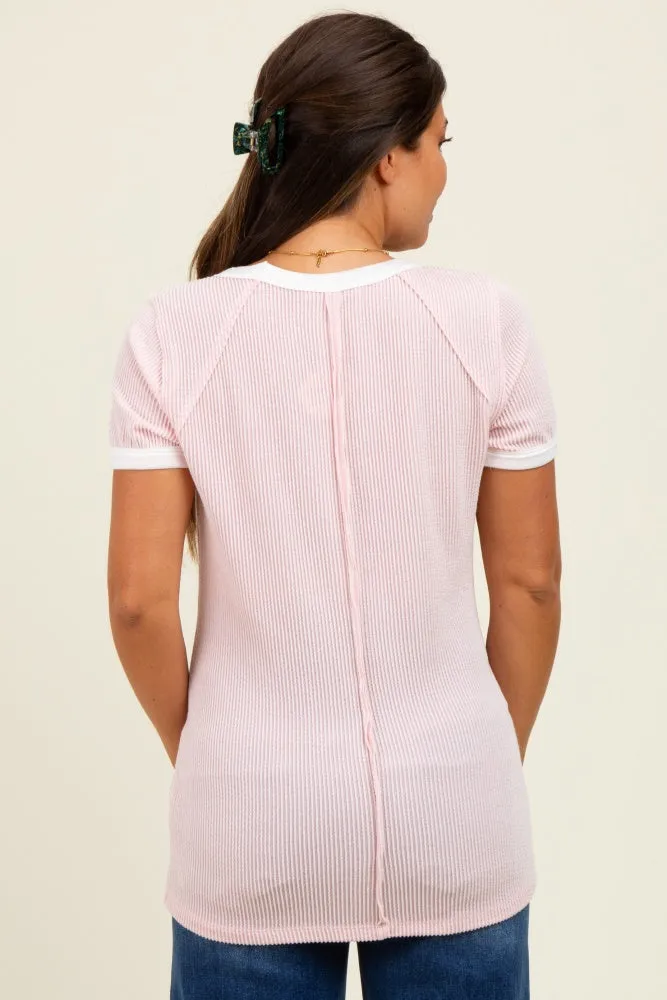 Light Pink/Ivory Ribbed Short Contrast Sleeve Maternity Top sold by Pinkblush product image thumbnail 3