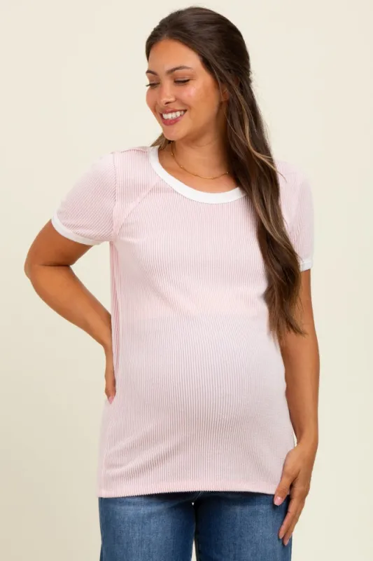 Light Pink/Ivory Ribbed Short Contrast Sleeve Maternity Top sold by Pinkblush
