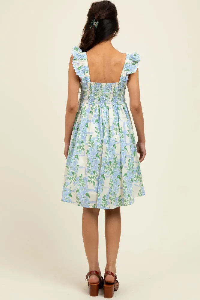Blue Floral Print Smocked Back Dress sold by Pinkblush product image thumbnail 3