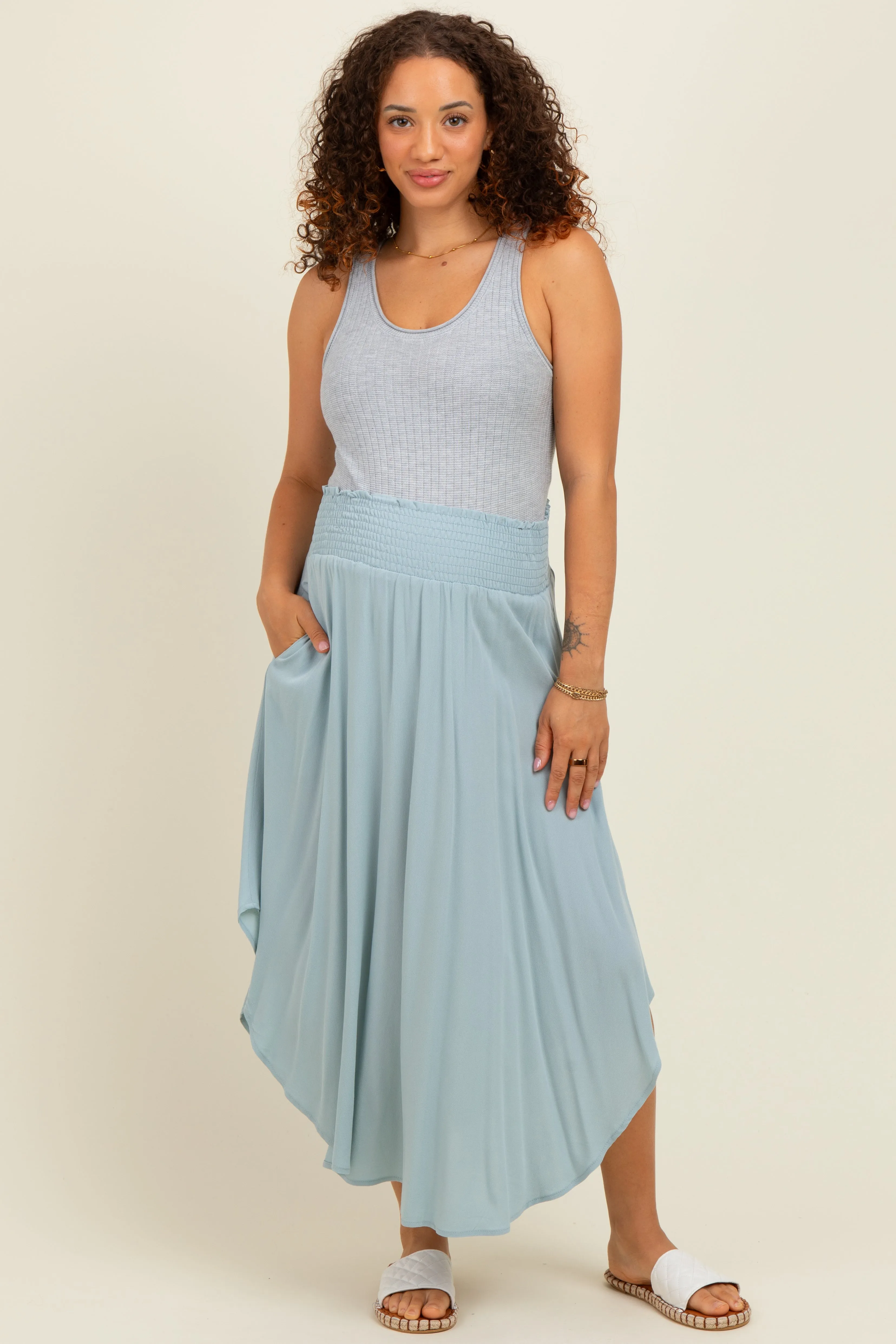 Light Blue Smocked Waist Rounded Hem Maternity Midi Skirt sold by Pinkblush