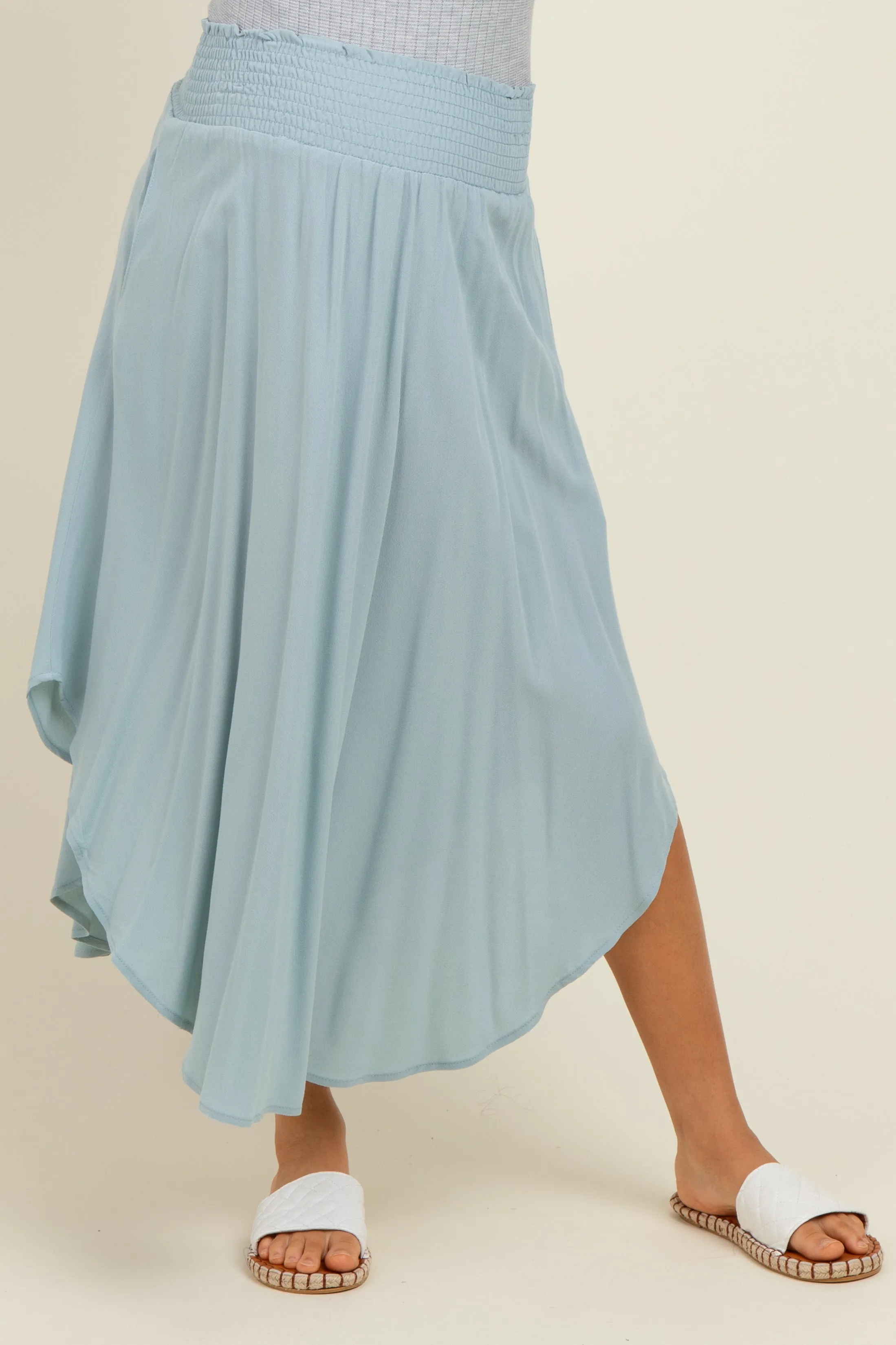 Light Blue Smocked Waist Rounded Hem Maternity Midi Skirt sold by Pinkblush product image thumbnail 2