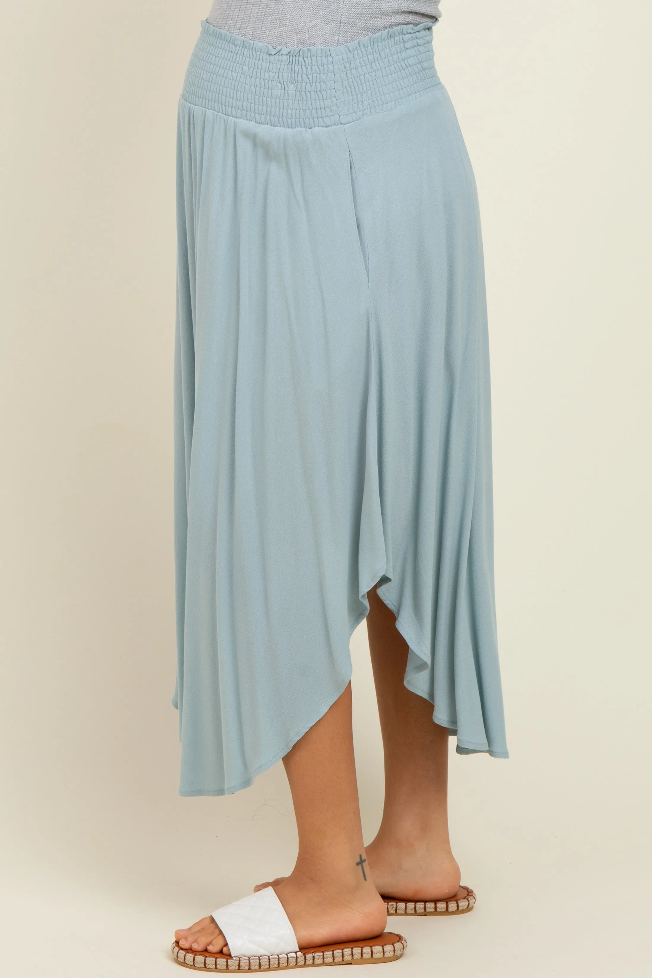 Light Blue Smocked Waist Rounded Hem Maternity Midi Skirt sold by Pinkblush product image thumbnail 3