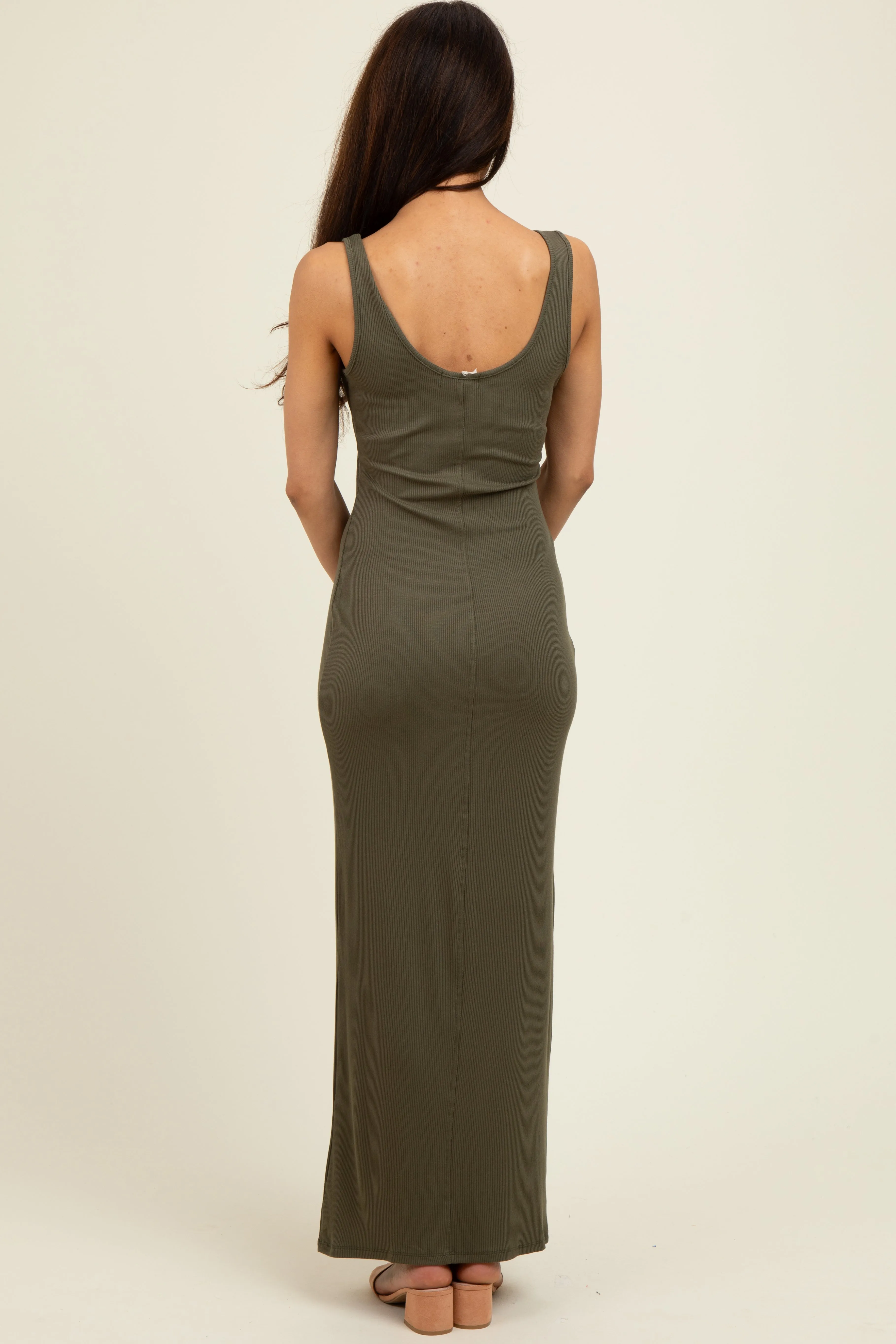 Olive Scoop Neck Sleeveless Rayon Rib Maxi Knit Dress sold by Pinkblush product image thumbnail 3