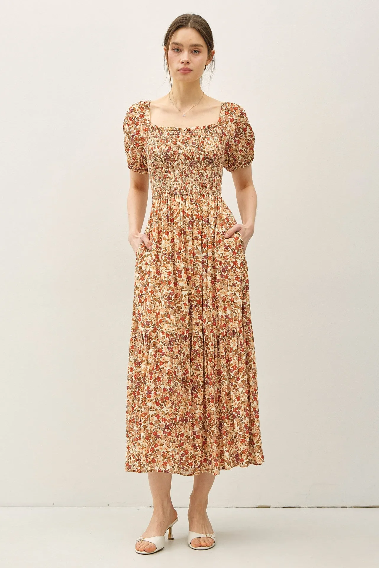 Rust Floral Smocked Tiered Midi Dress sold by Pinkblush product image thumbnail 2