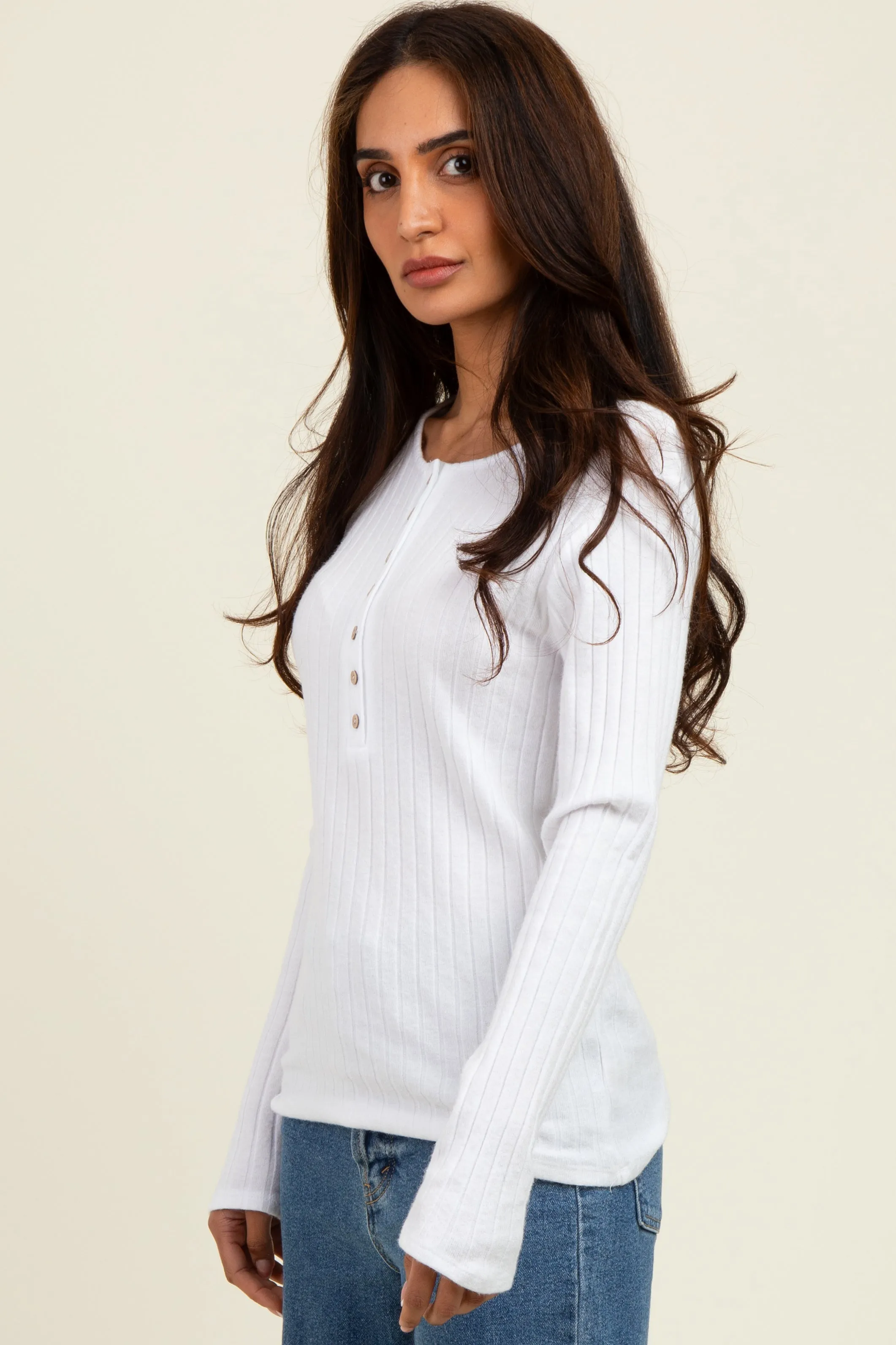 Off White Ribbed Knit Button Long Sleeve Top sold by Pinkblush product image thumbnail 2
