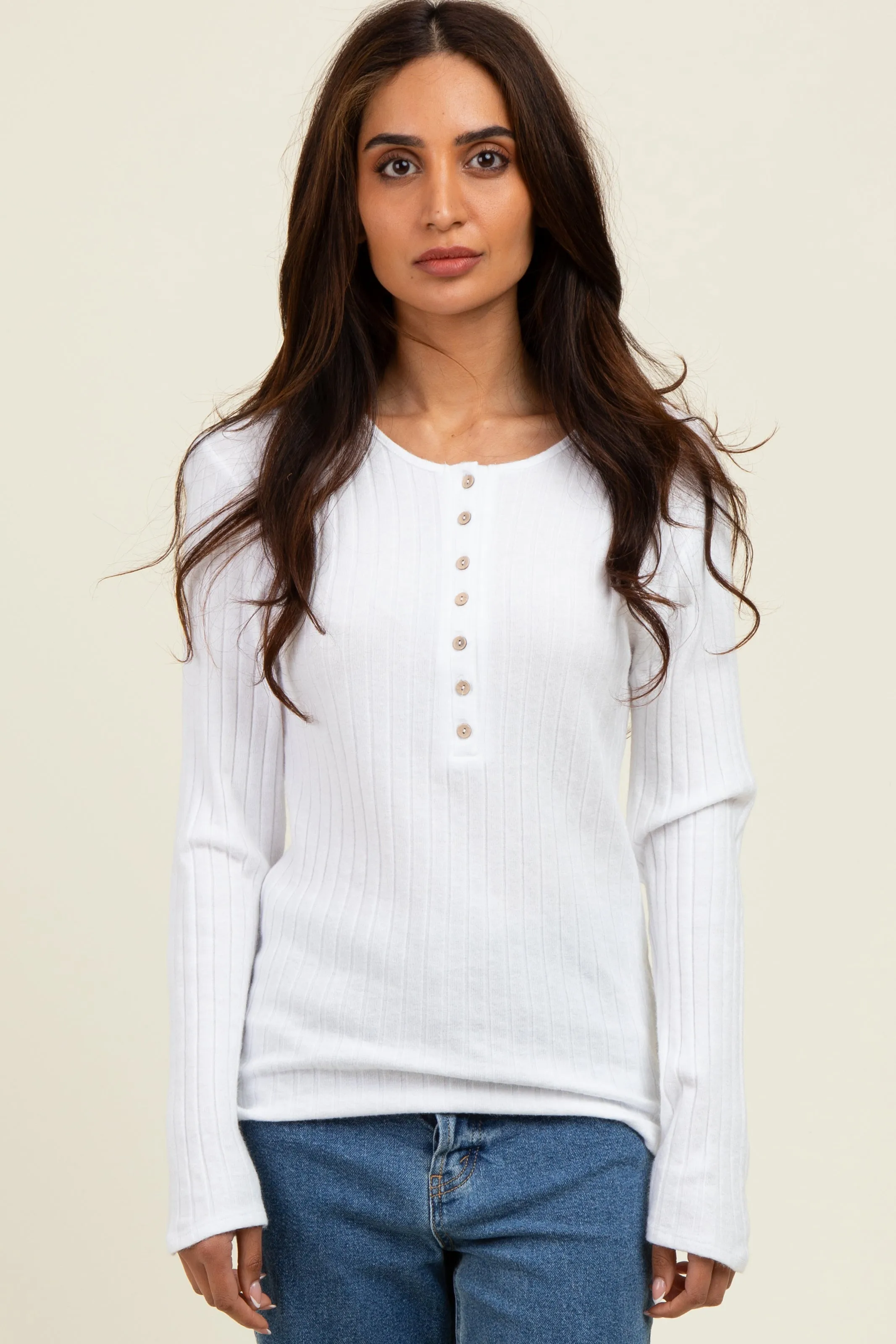 Off White Ribbed Knit Button Long Sleeve Top sold by Pinkblush