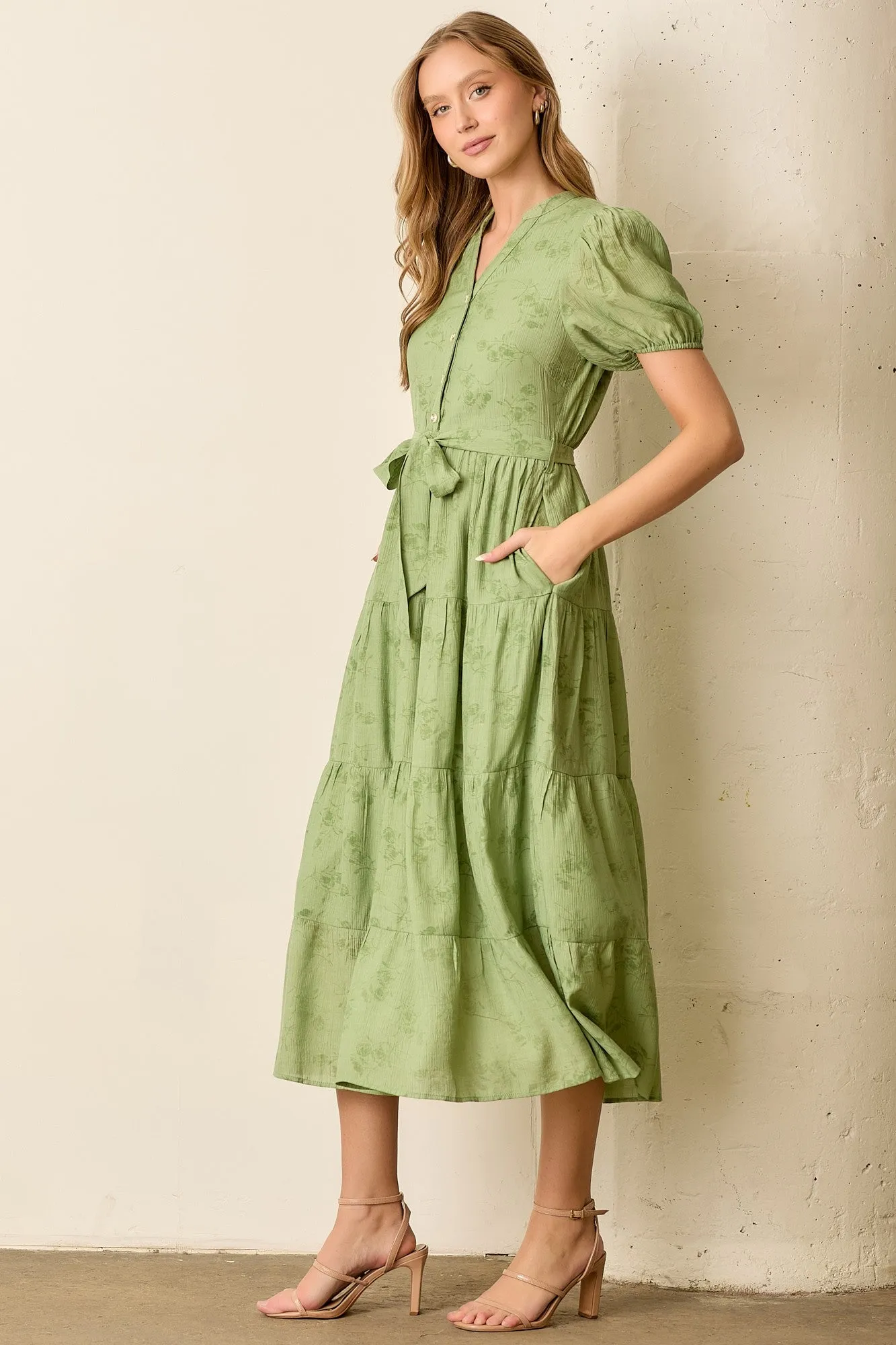 Green Floral Button Front Tiered Midi Dress sold by Pinkblush product image thumbnail 2