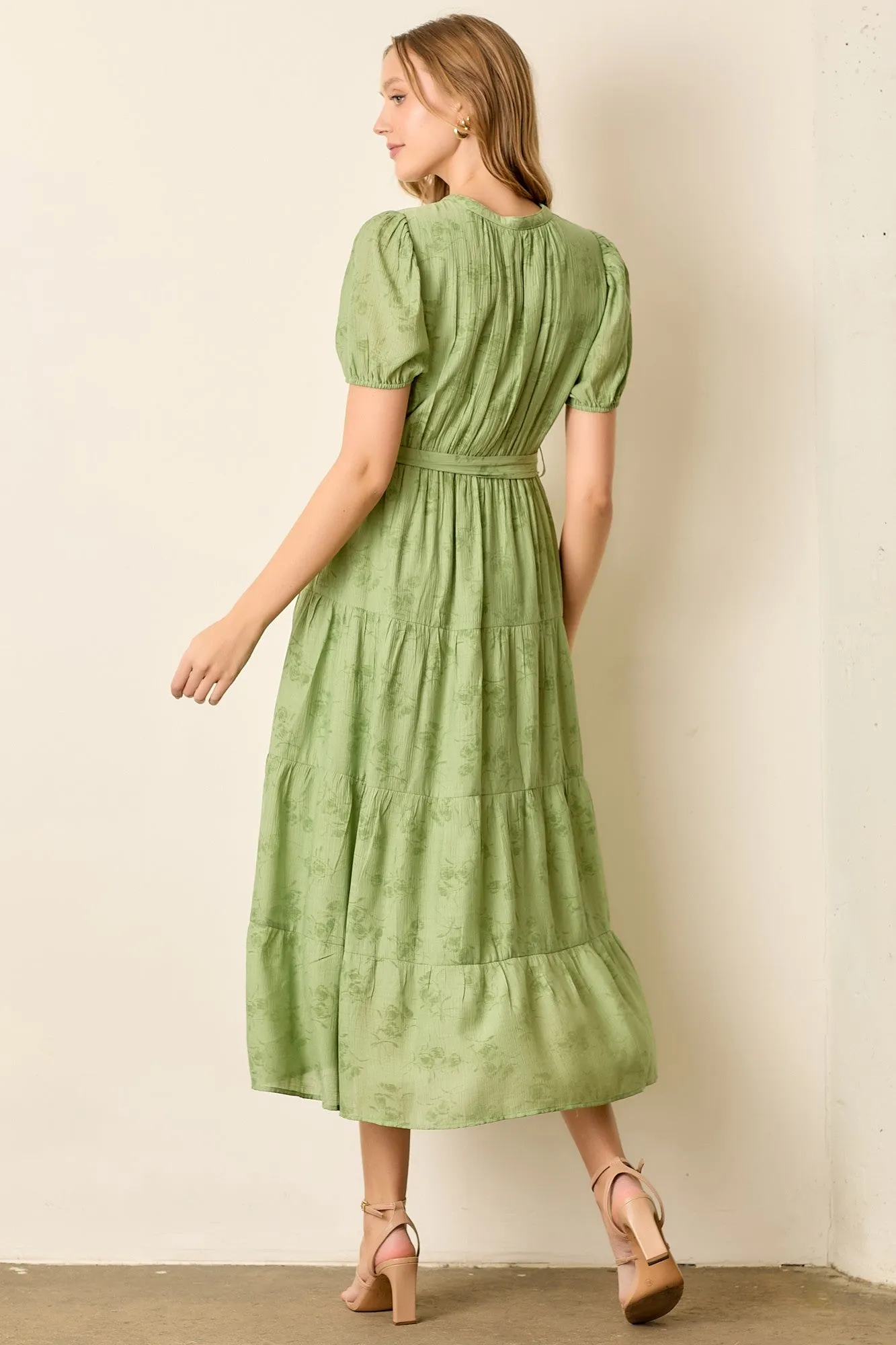 Green Floral Button Front Tiered Midi Dress sold by Pinkblush product image thumbnail 3