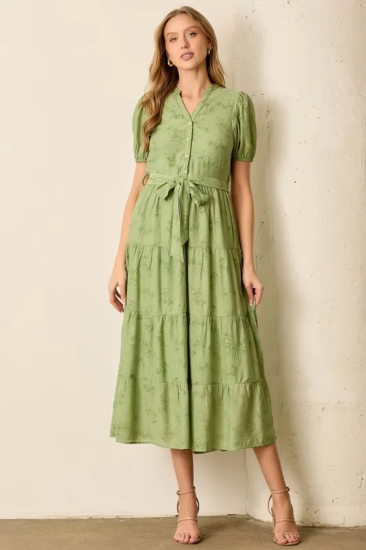 Green Floral Button Front Tiered Midi Dress sold by Pinkblush