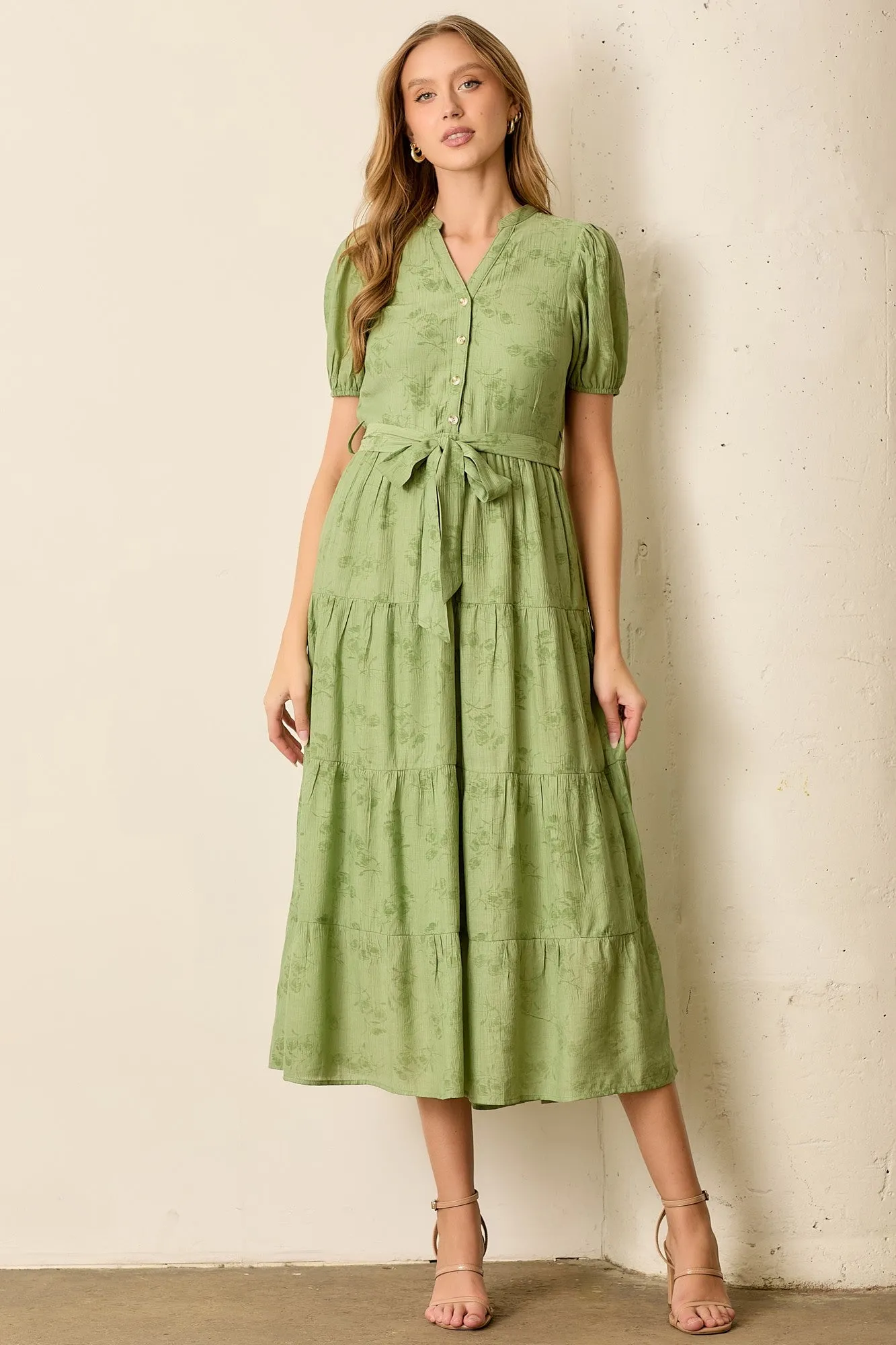 Green Floral Button Front Tiered Midi Dress sold by Pinkblush