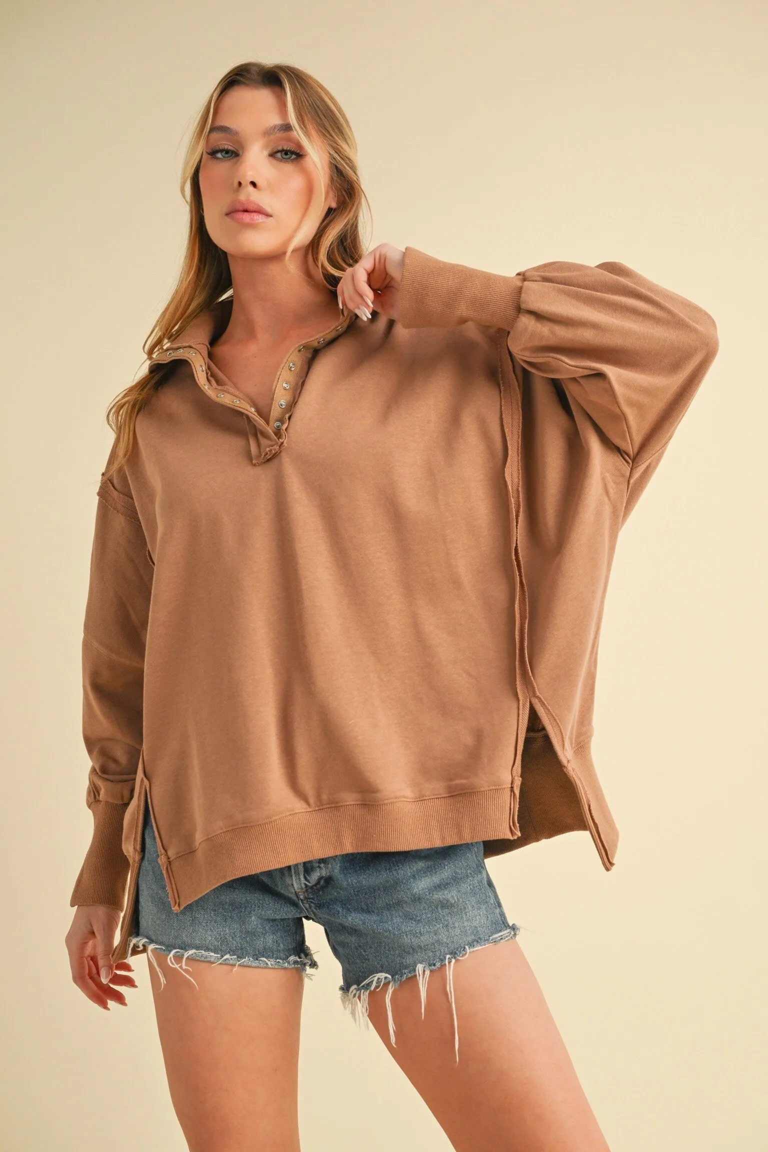 Mocha Snap Button Pullover Henley Sweatshirt sold by Pinkblush